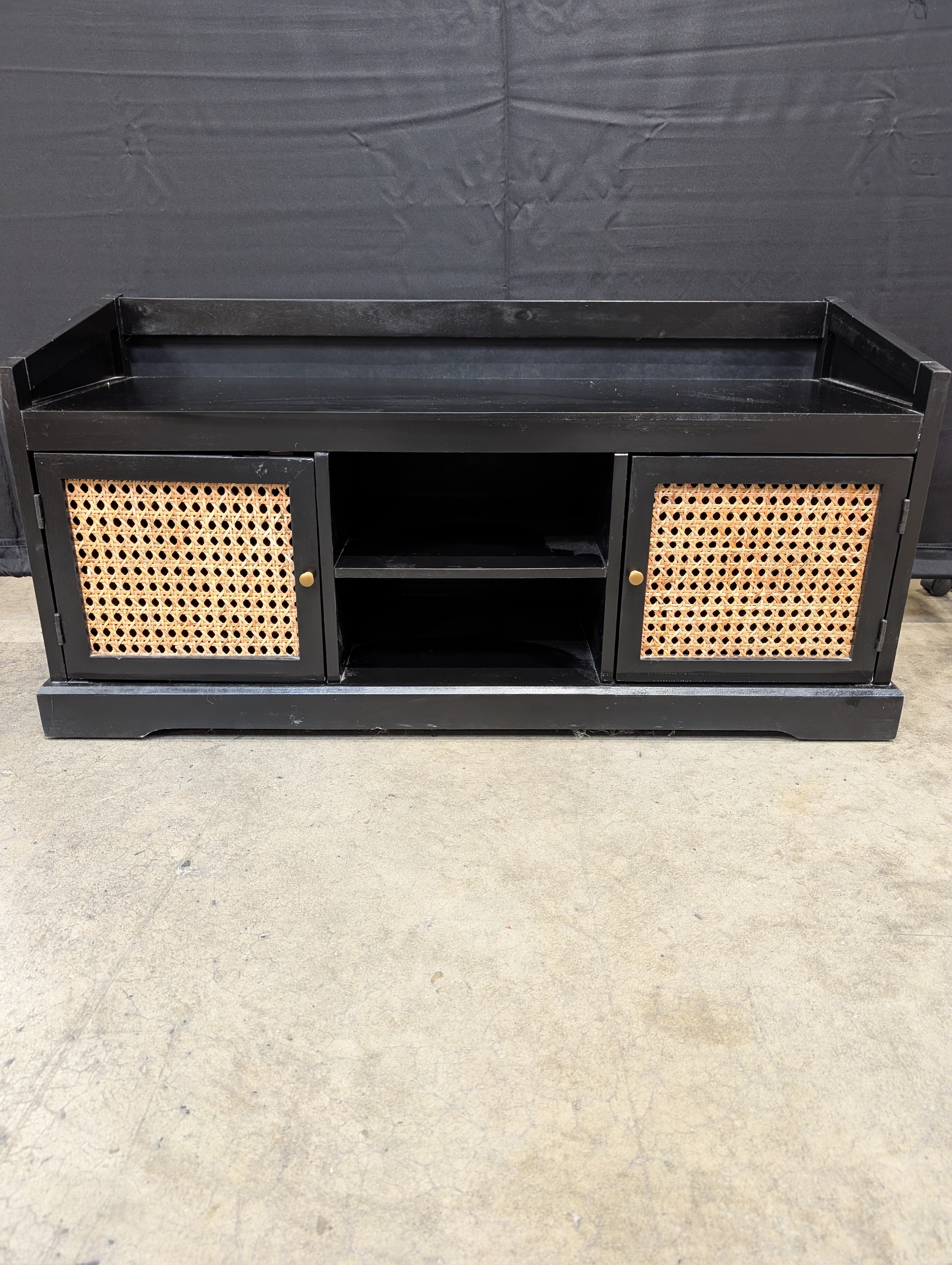 Modern Black Cane Door Storage Cabinet Media Console