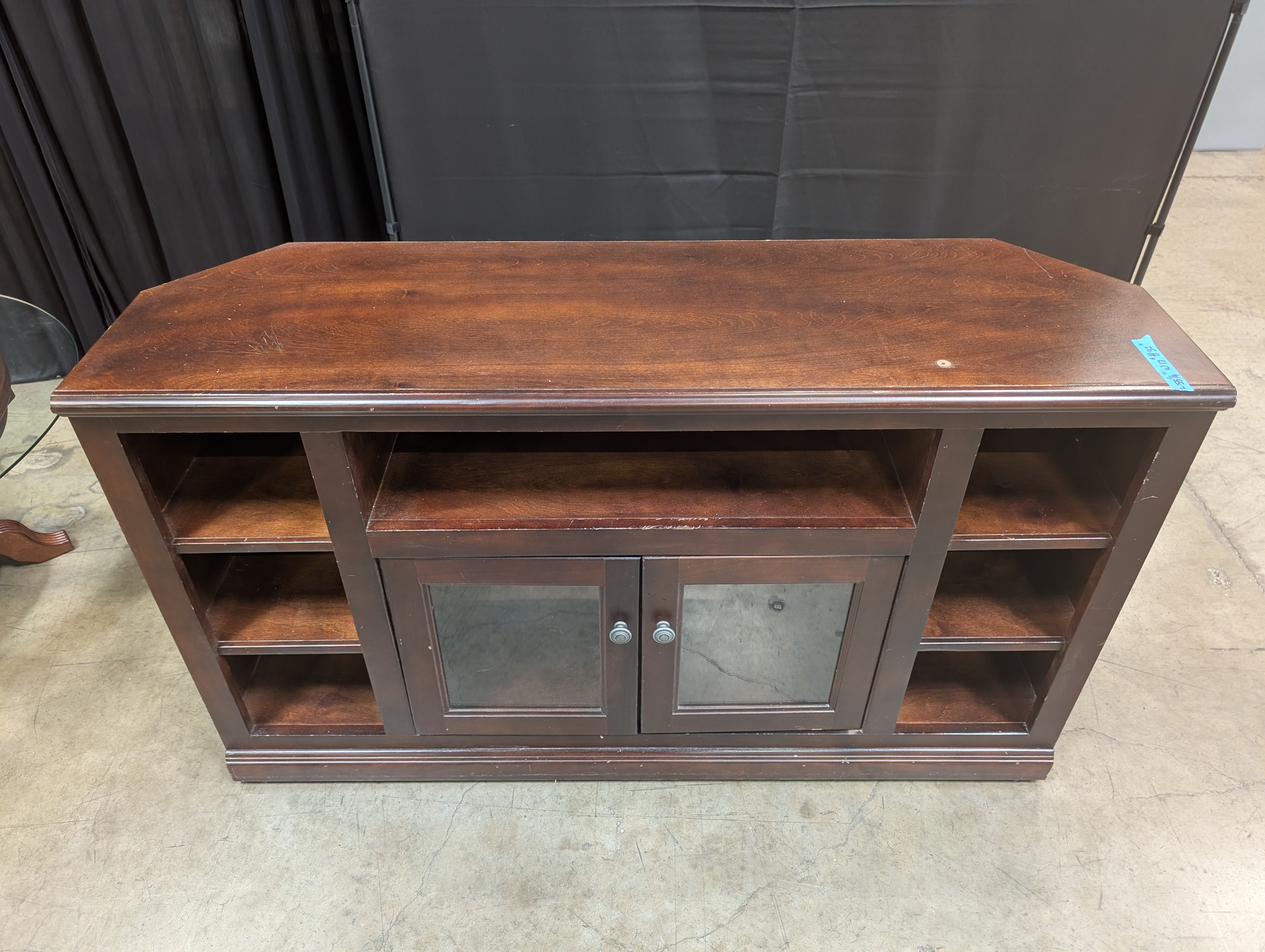 Dark Wood Corner TV Stand with Glass Doors
