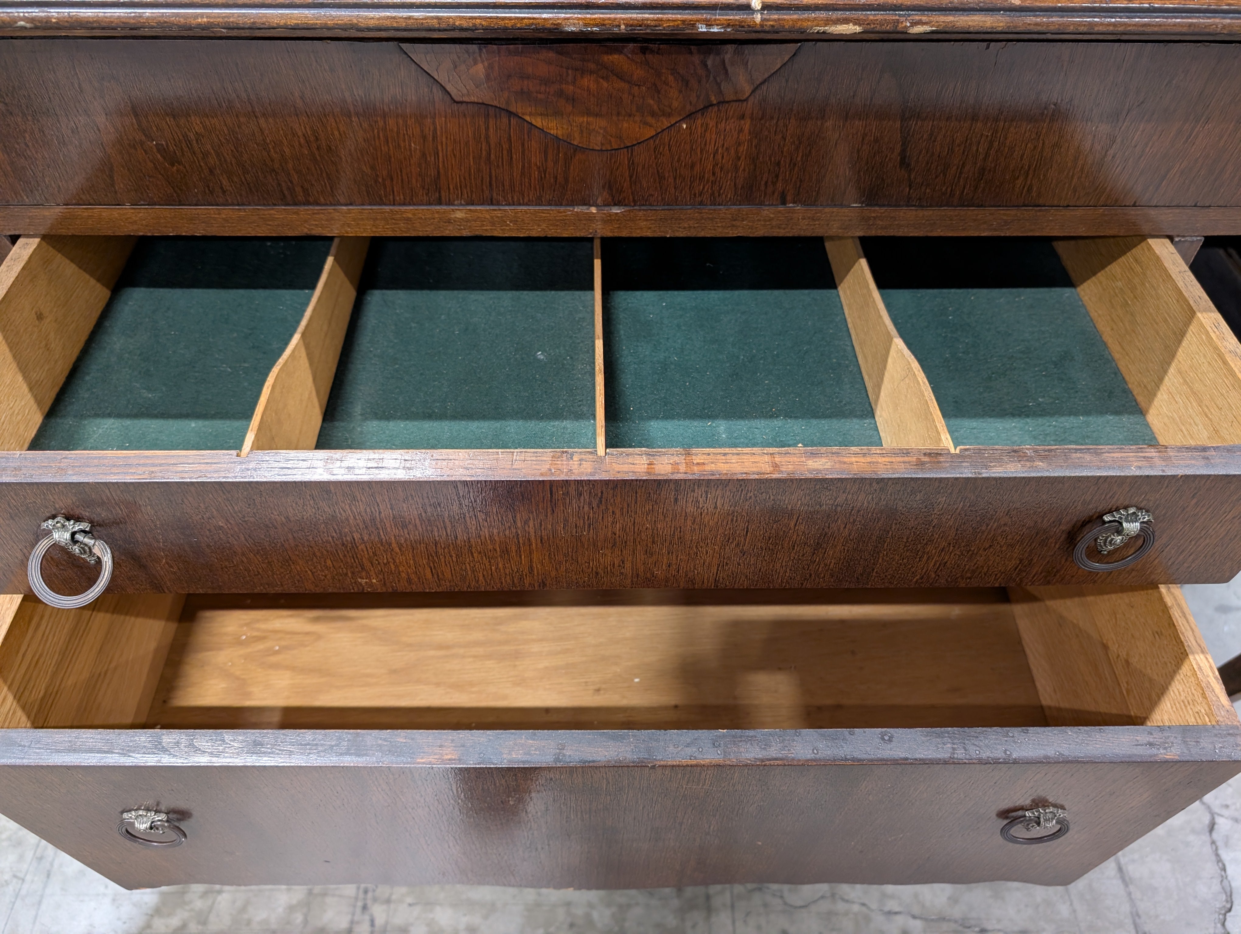Traditional Dark Wood Buffet Cabinet with Scalloped Back