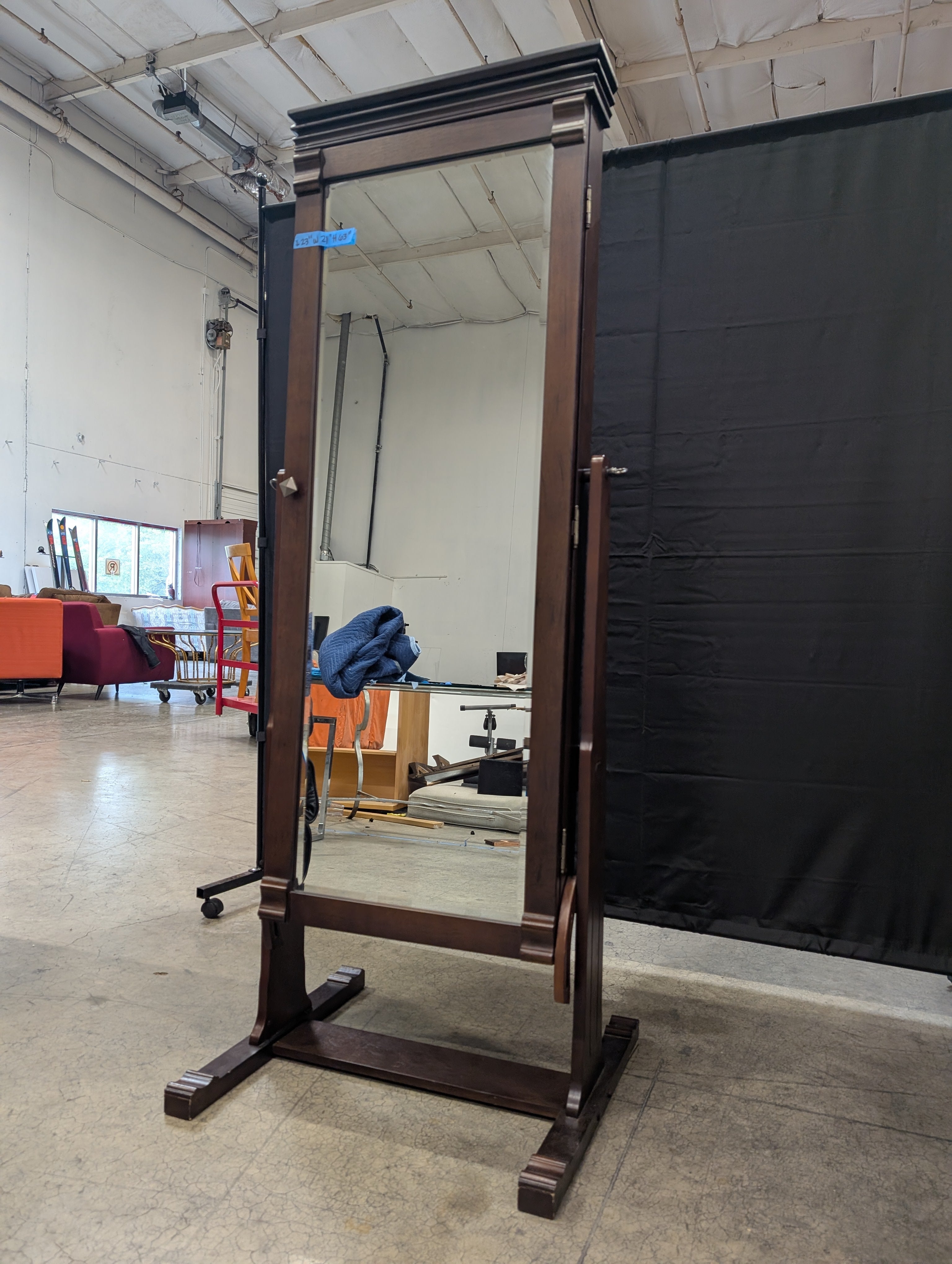 Freestanding Dark Wood Cheval Mirror Jewelry Armoire