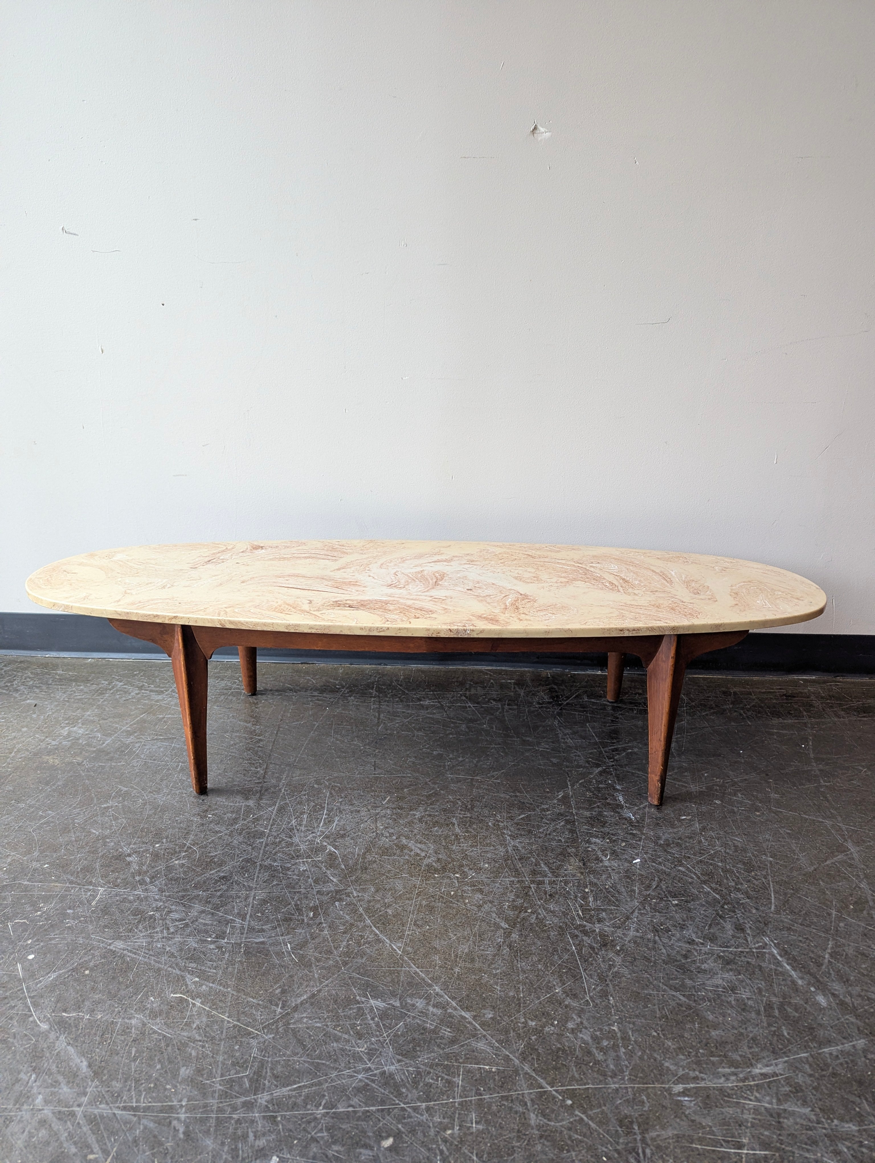 Mid-Century Style Oval Console Table with Marbled Top