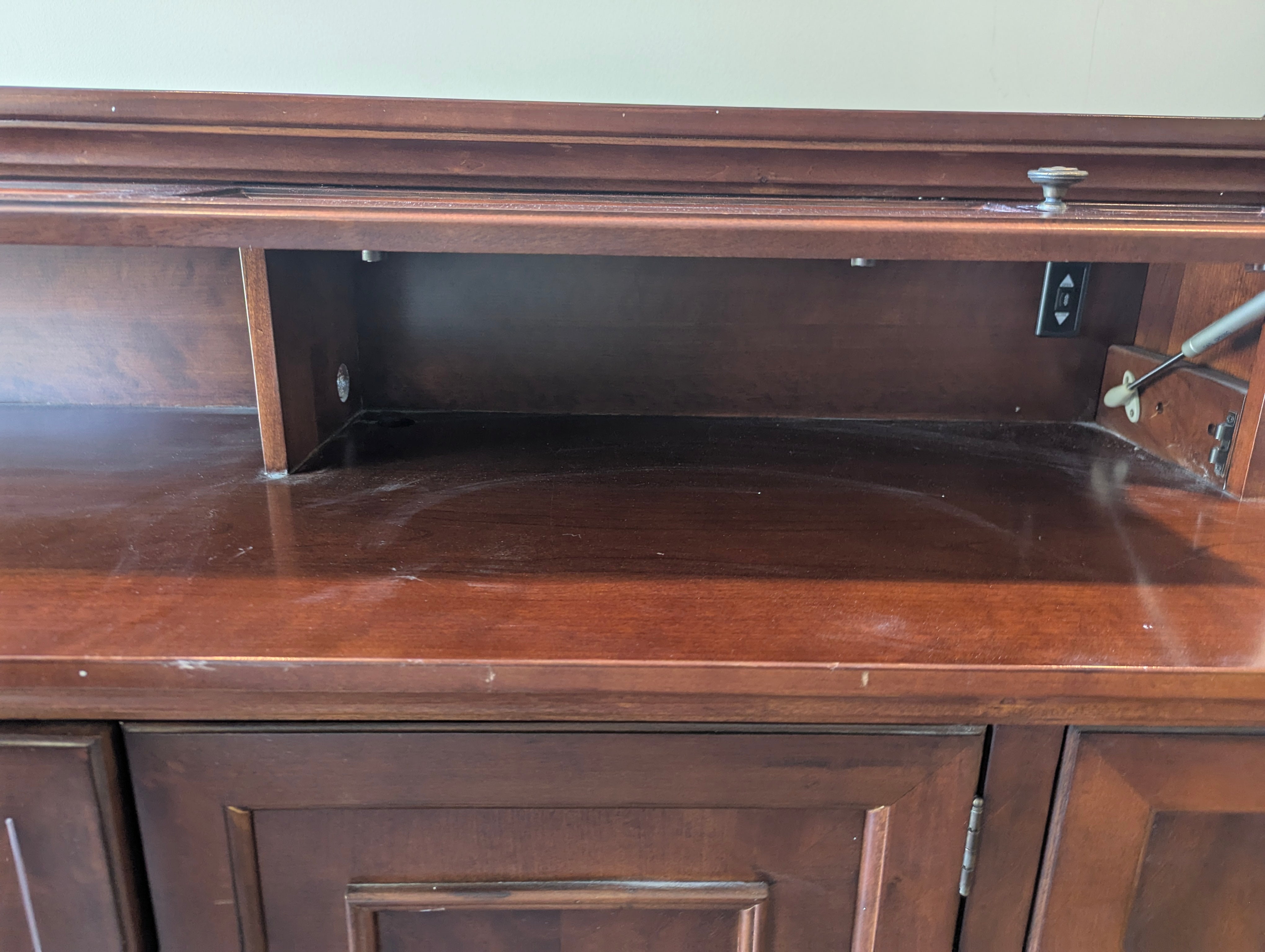 Rich Brown Wood Rising TV Stand Cabinet with Drawers