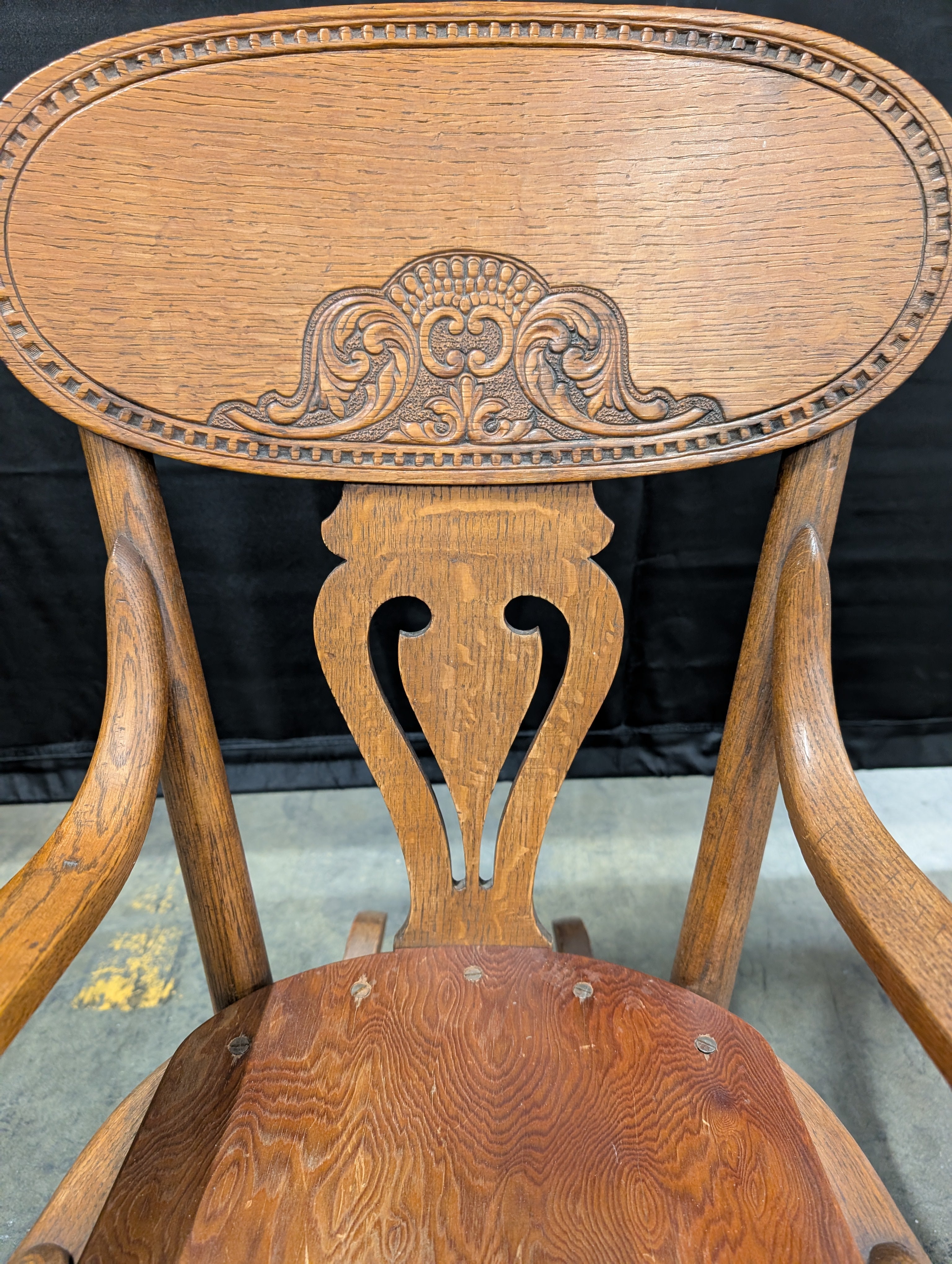 Vintage Carved Wood Rocking Chair with Spindle Legs