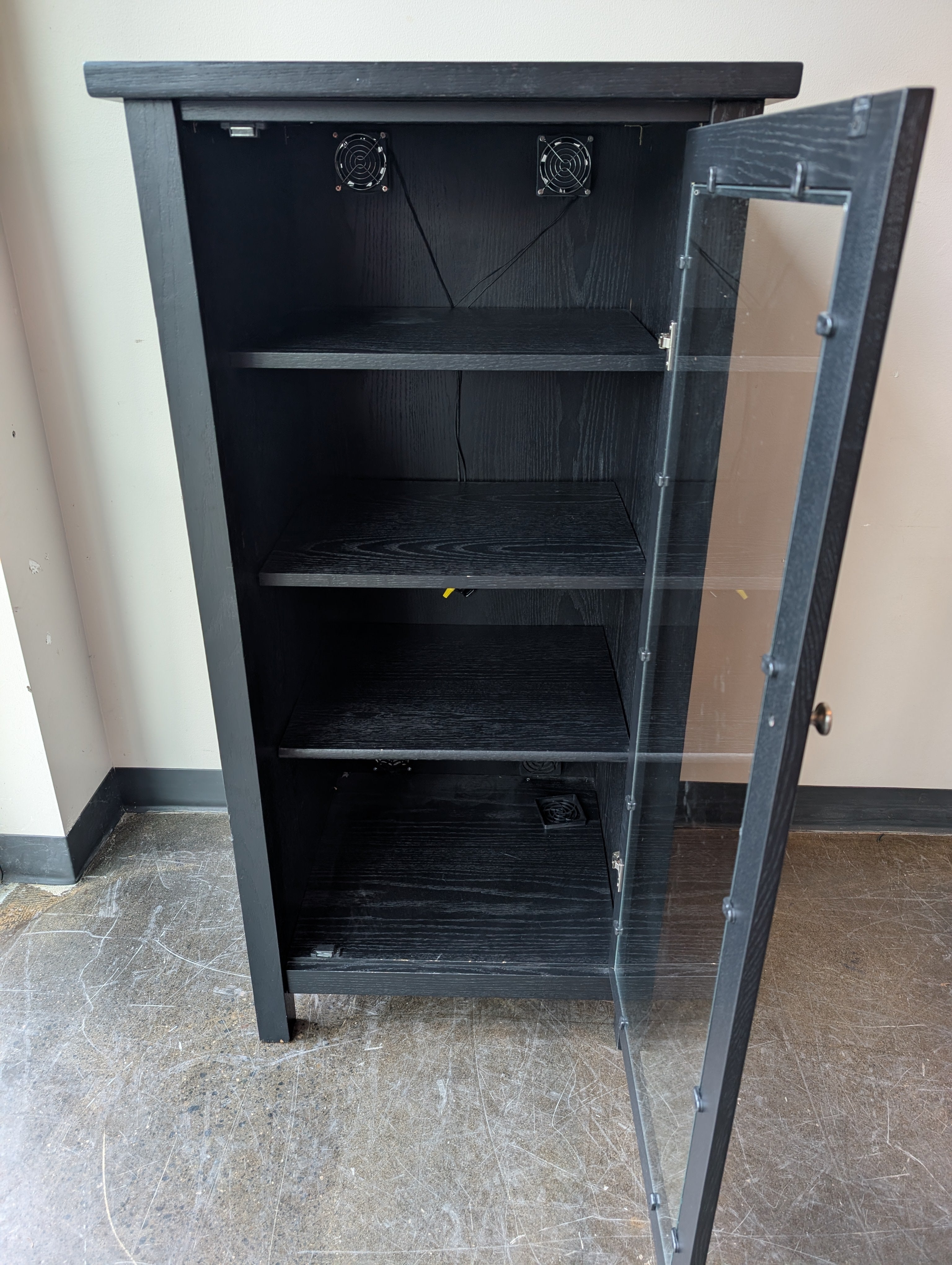 Functional Dark Wood Speaker Storage Cabinet with Glass Door