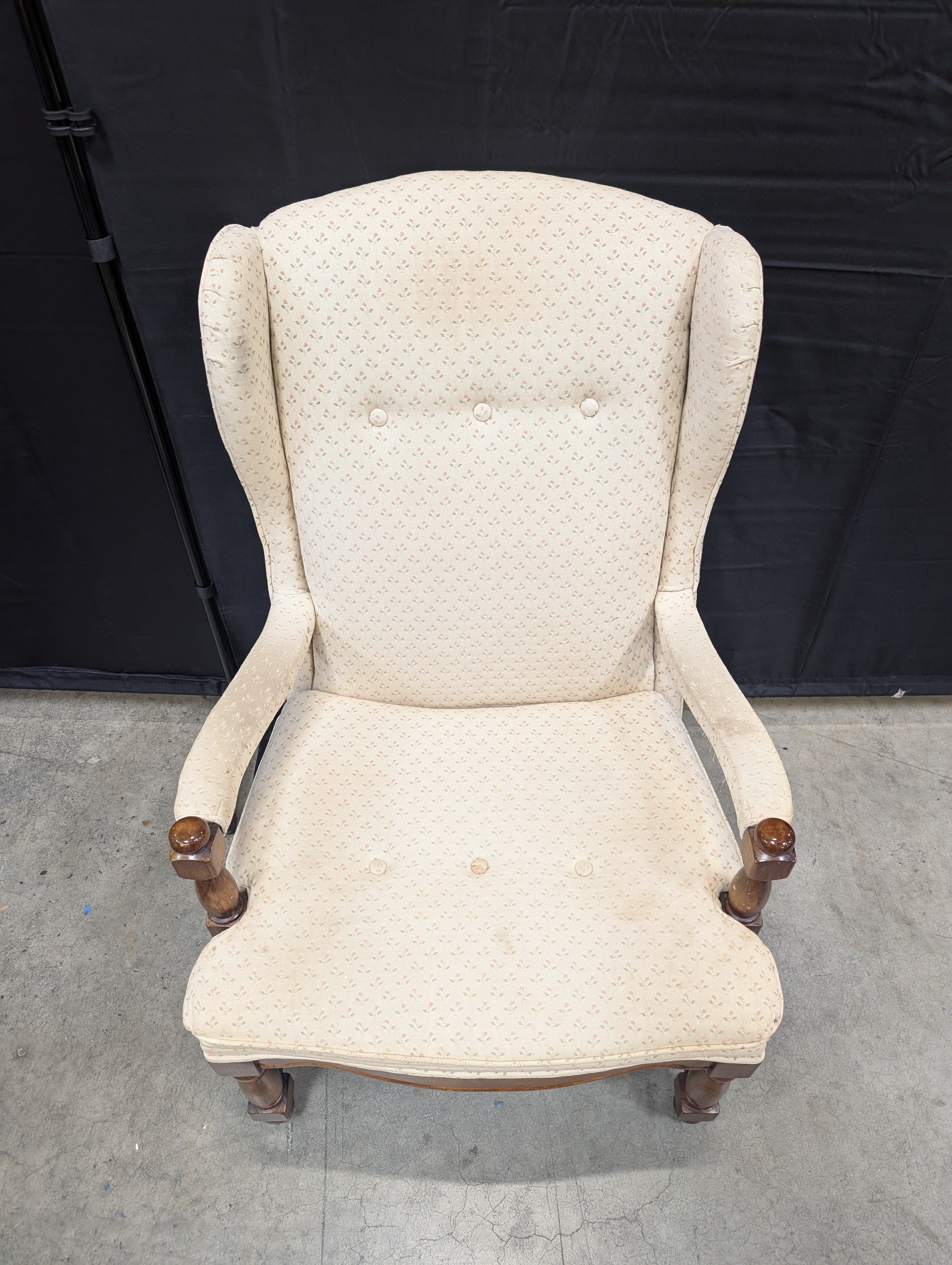Patterned Beige Fabric Wingback Chair