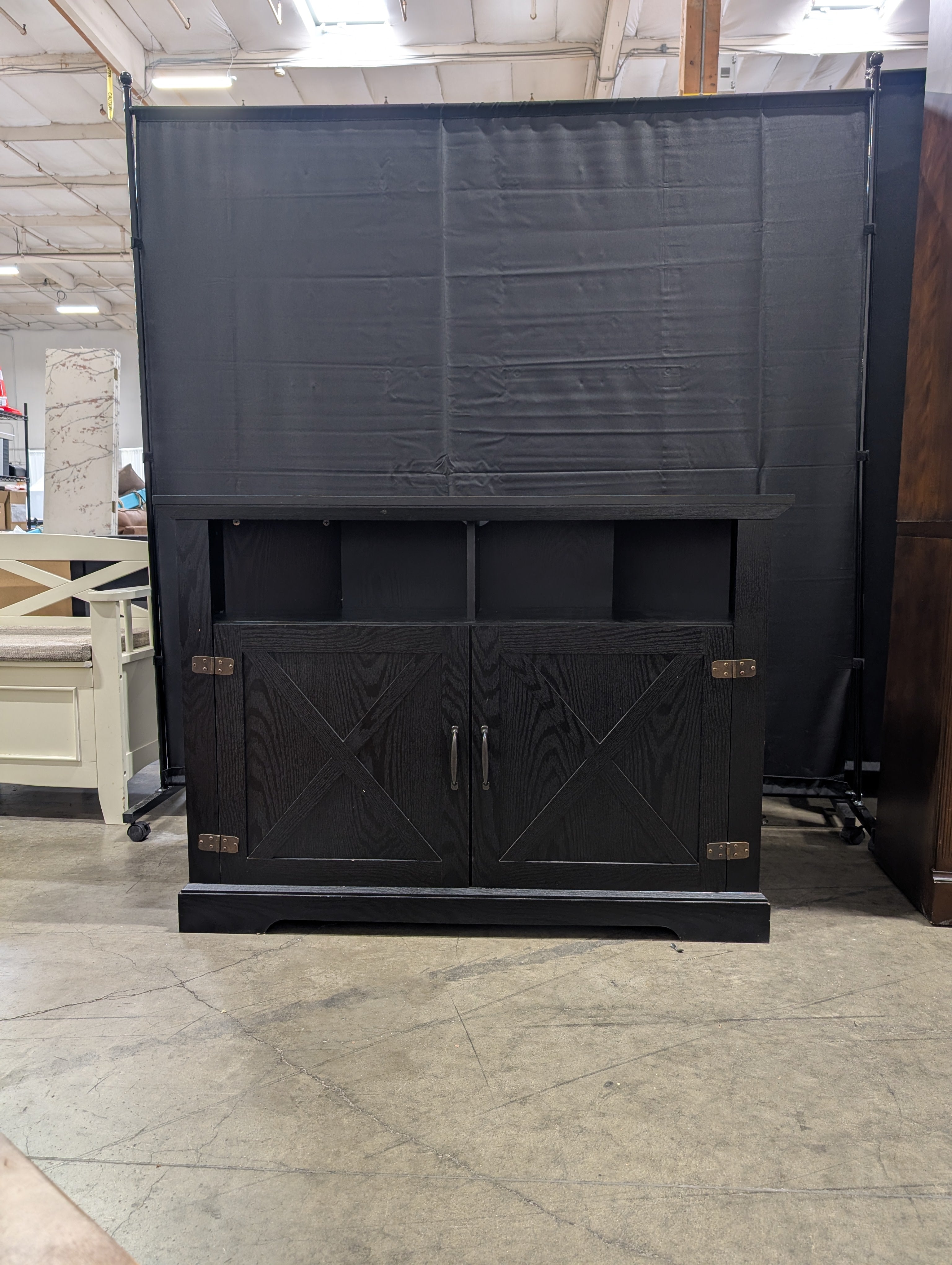 Black Corner Media Console with X-Panel Cabinet Doors