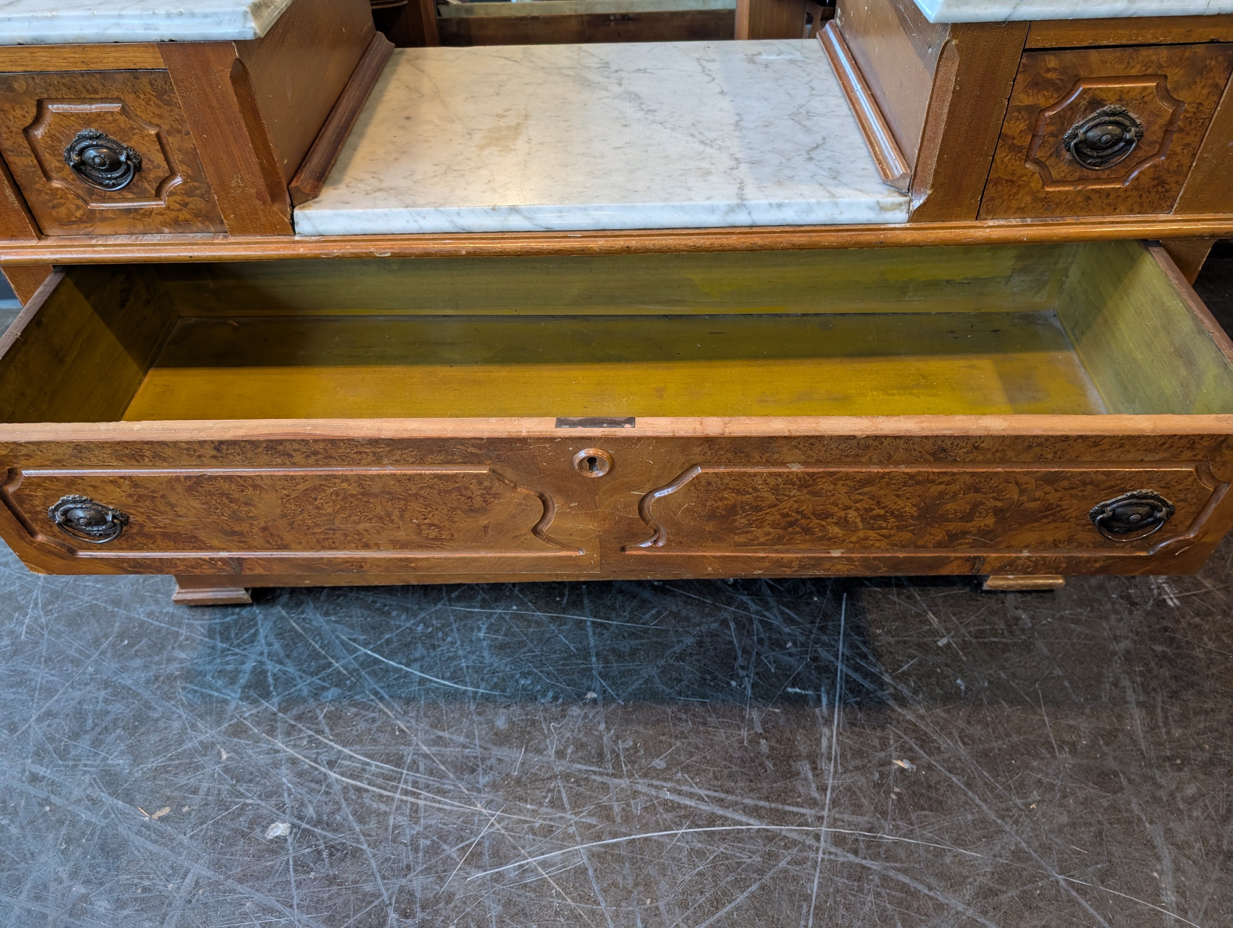 Antique Wood Five-Drawer Dresser with Marble Tops
