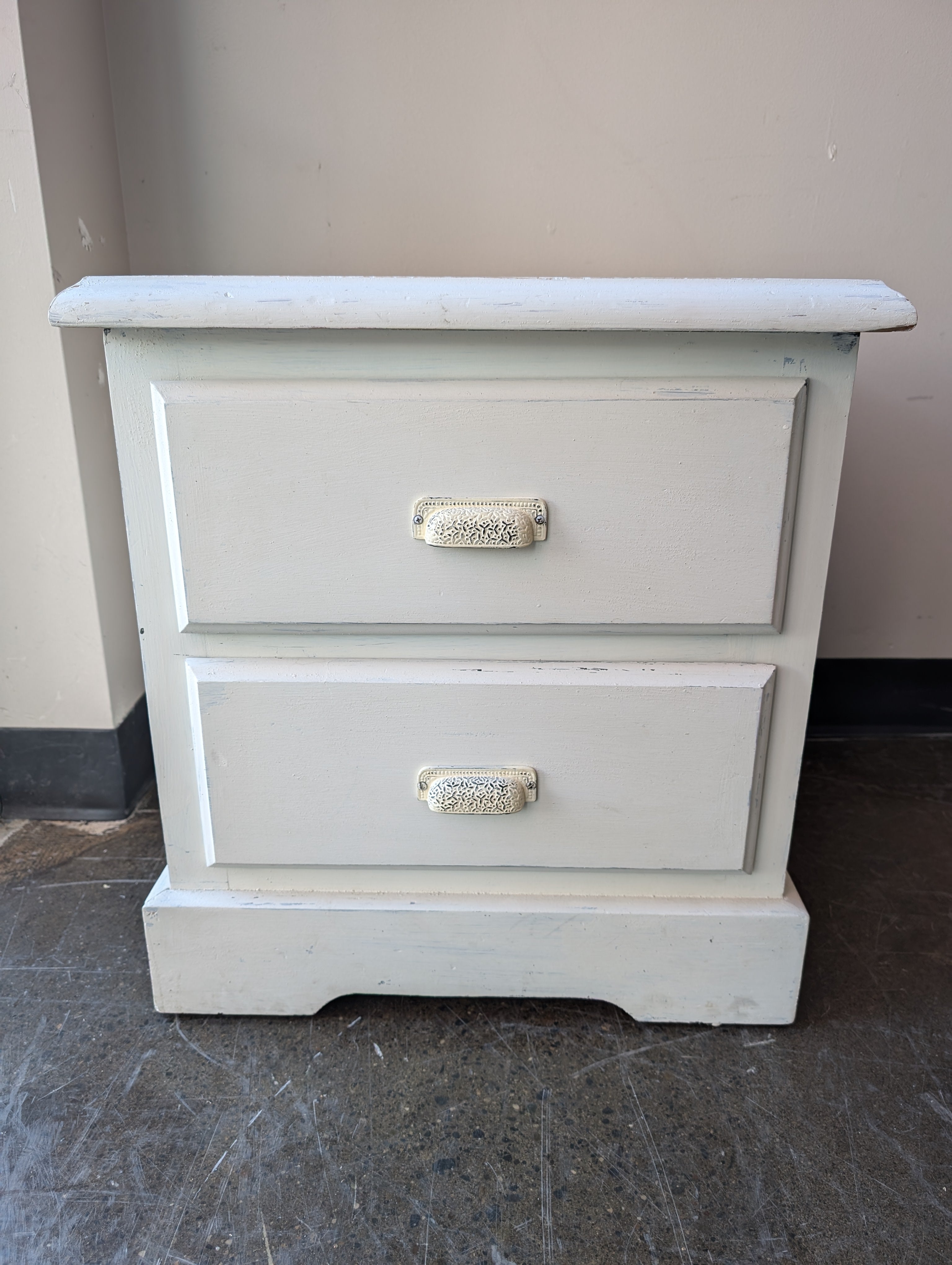 Distressed Cream Wood Two-Drawer Nightstand