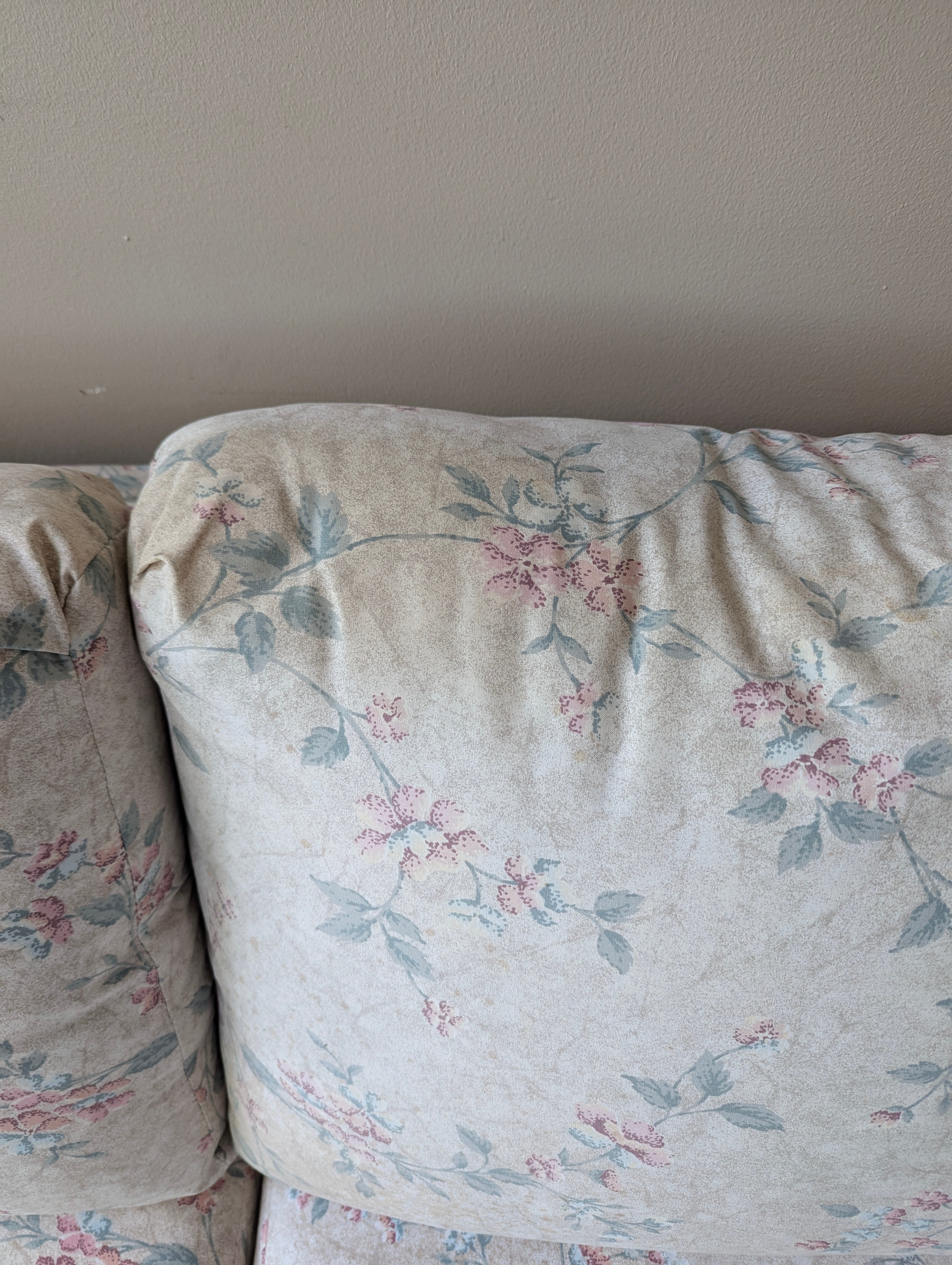 Vintage Rattan Three-Seat Sofa with Floral Upholstery