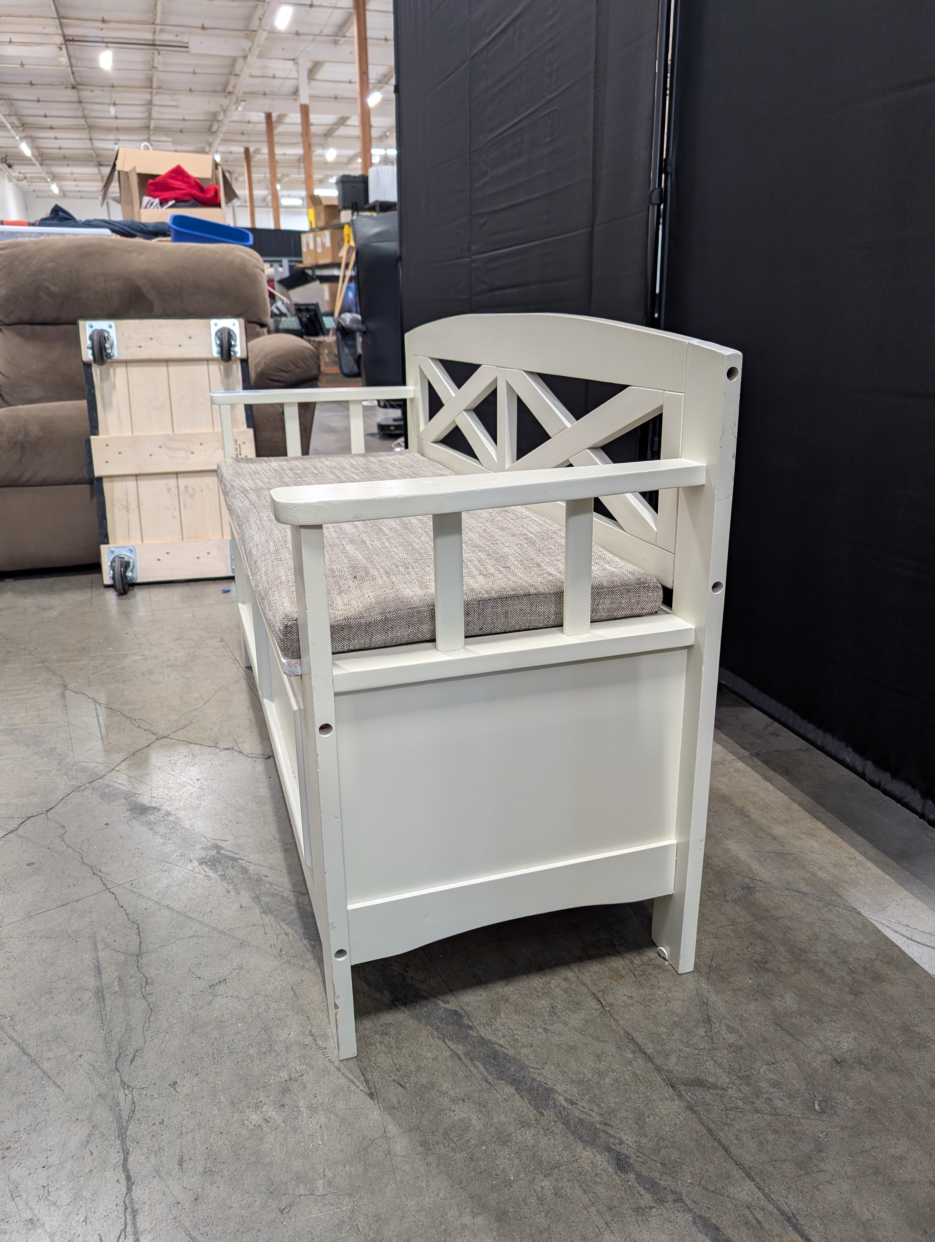 Farmhouse Style Wooden Bench with Criss-Cross Backrest