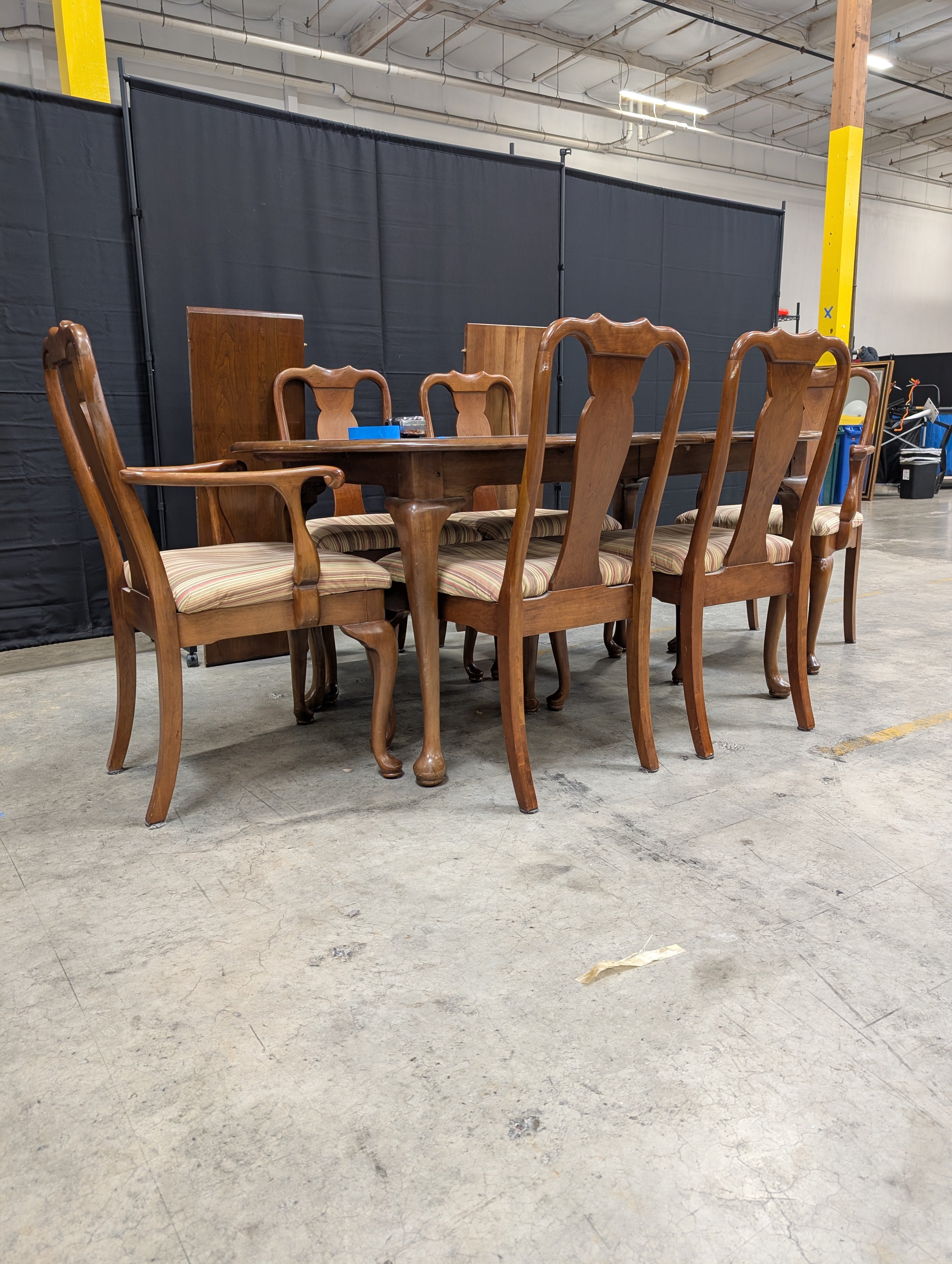 L. & J.G. Stickley Furniture Wood Dining Table with Leafs and Set of Six Carved Back Chairs