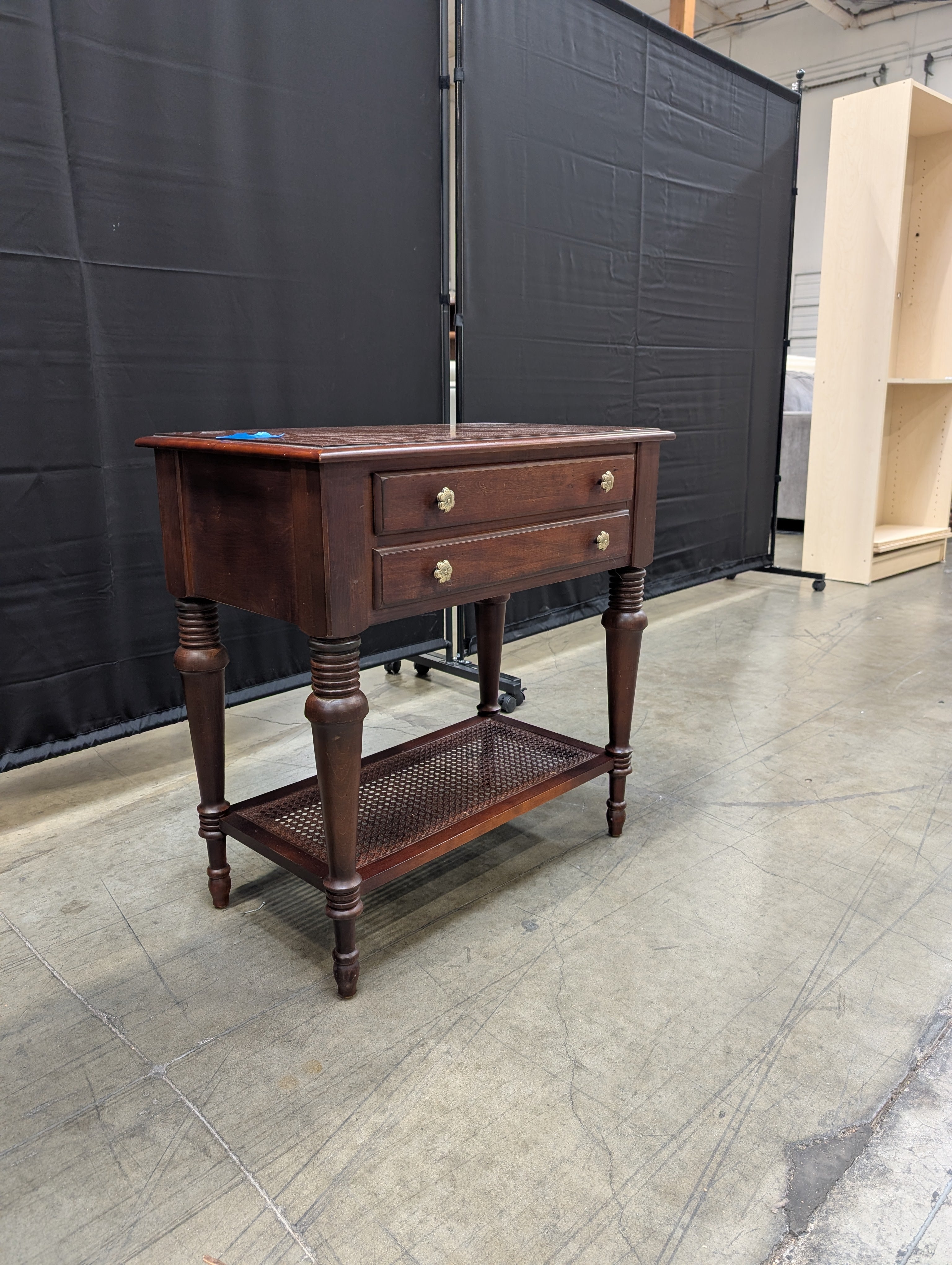 Mahogany Finish Wood ETHAN ALLEN Side Table with Cane Shelf