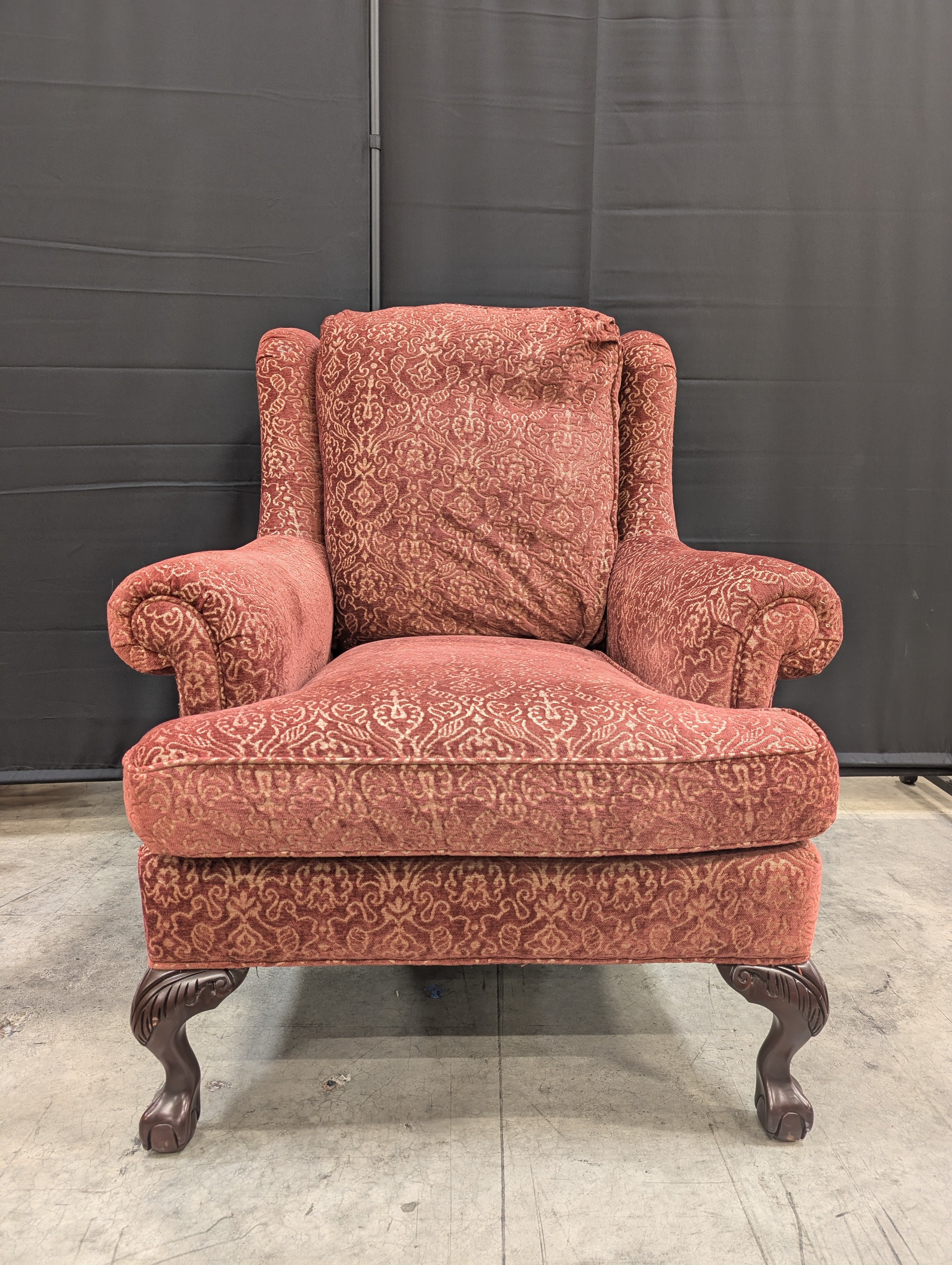 Burgundy Wingback Jessica Charles Armchair with Carved Legs