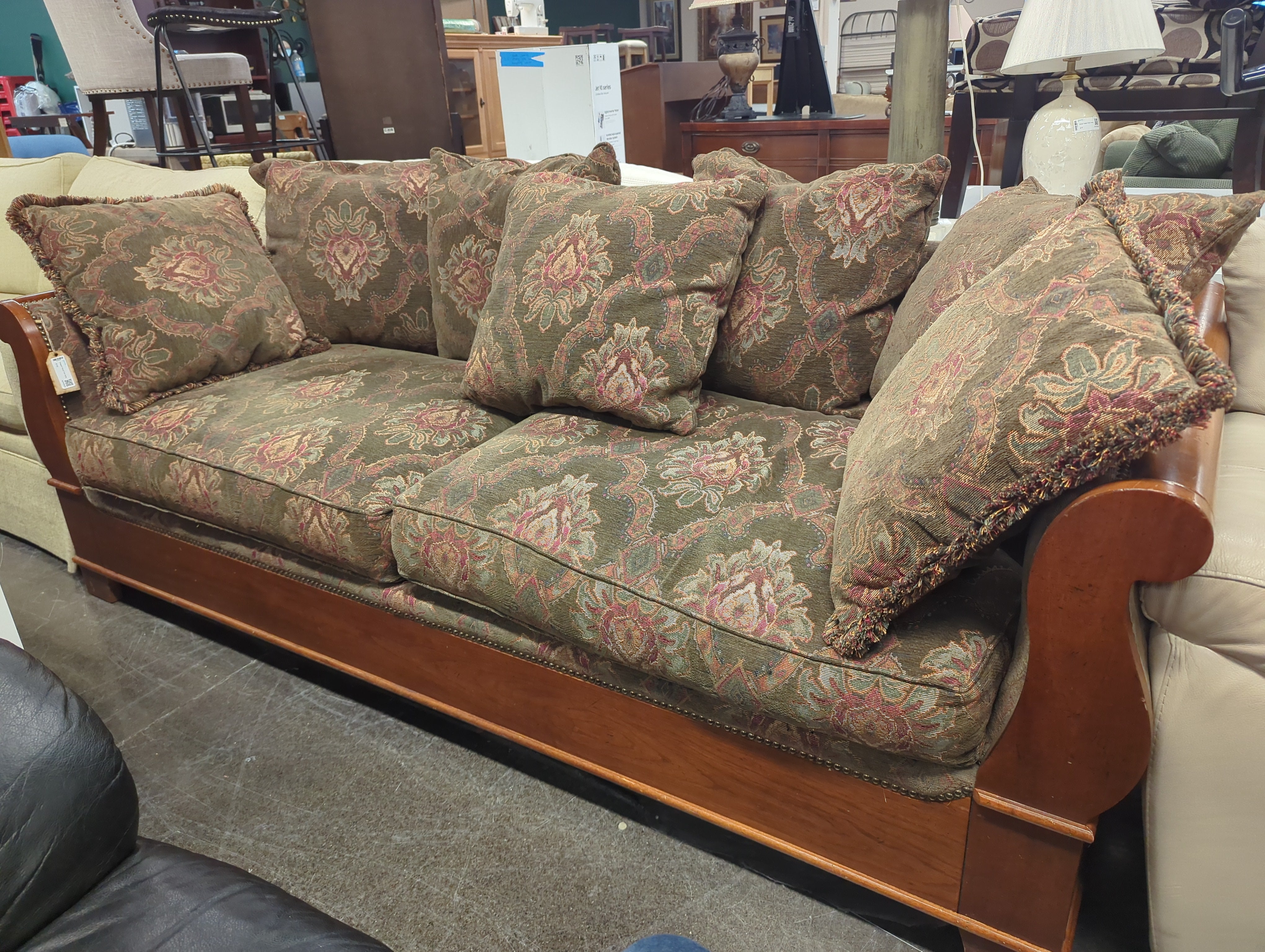 Custom Floral Patterned Wood Trim Sofa in Good Condition -
