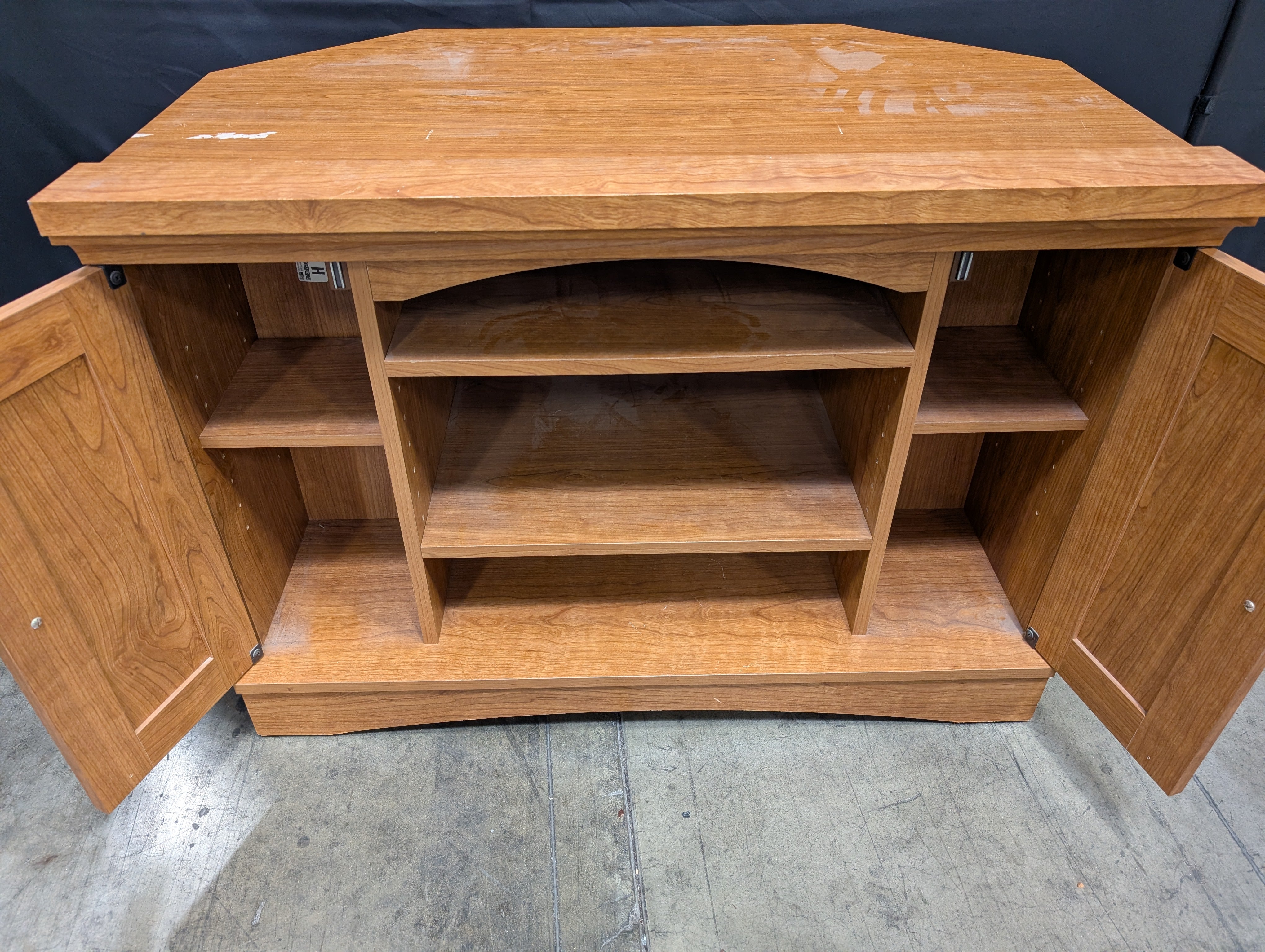 Cherry Toned Wood Media Cabinet with Open Shelving