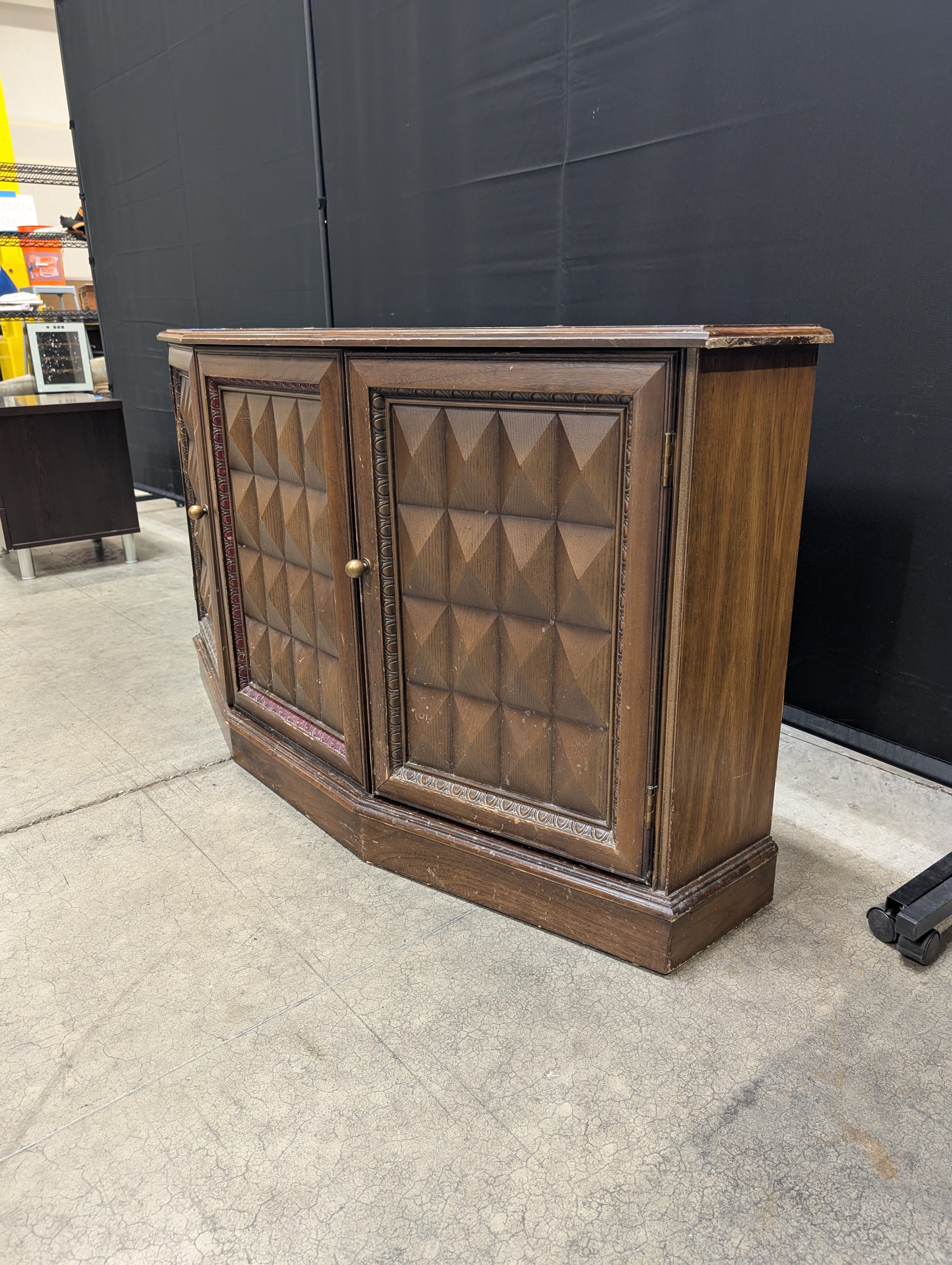 Vintage Dark Wood Corner Storage Cabinet with Geometric Doors