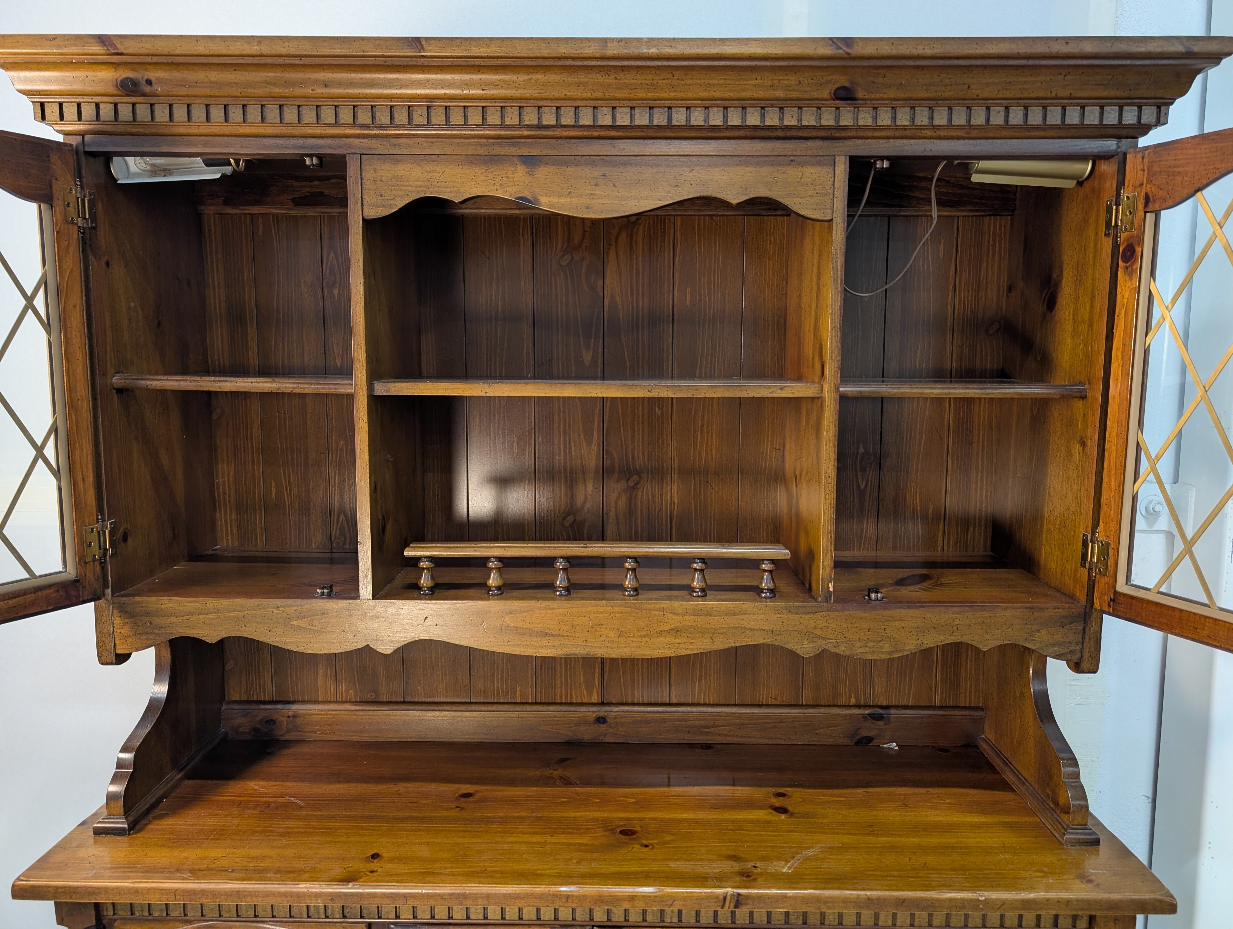 Rustic Hardwood Hutch with Glass-Front Cabinets