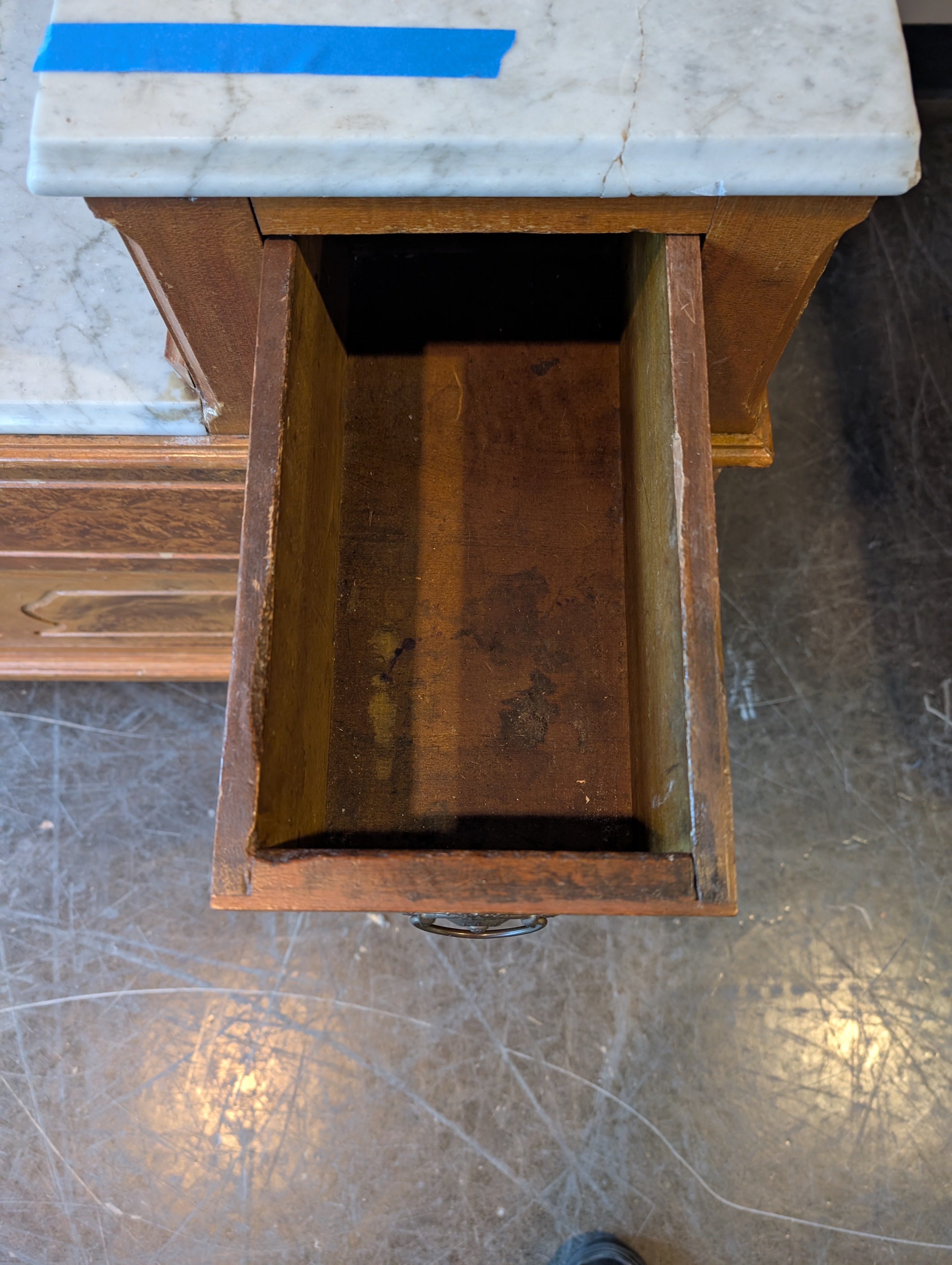 Antique Wood Five-Drawer Dresser with Marble Tops
