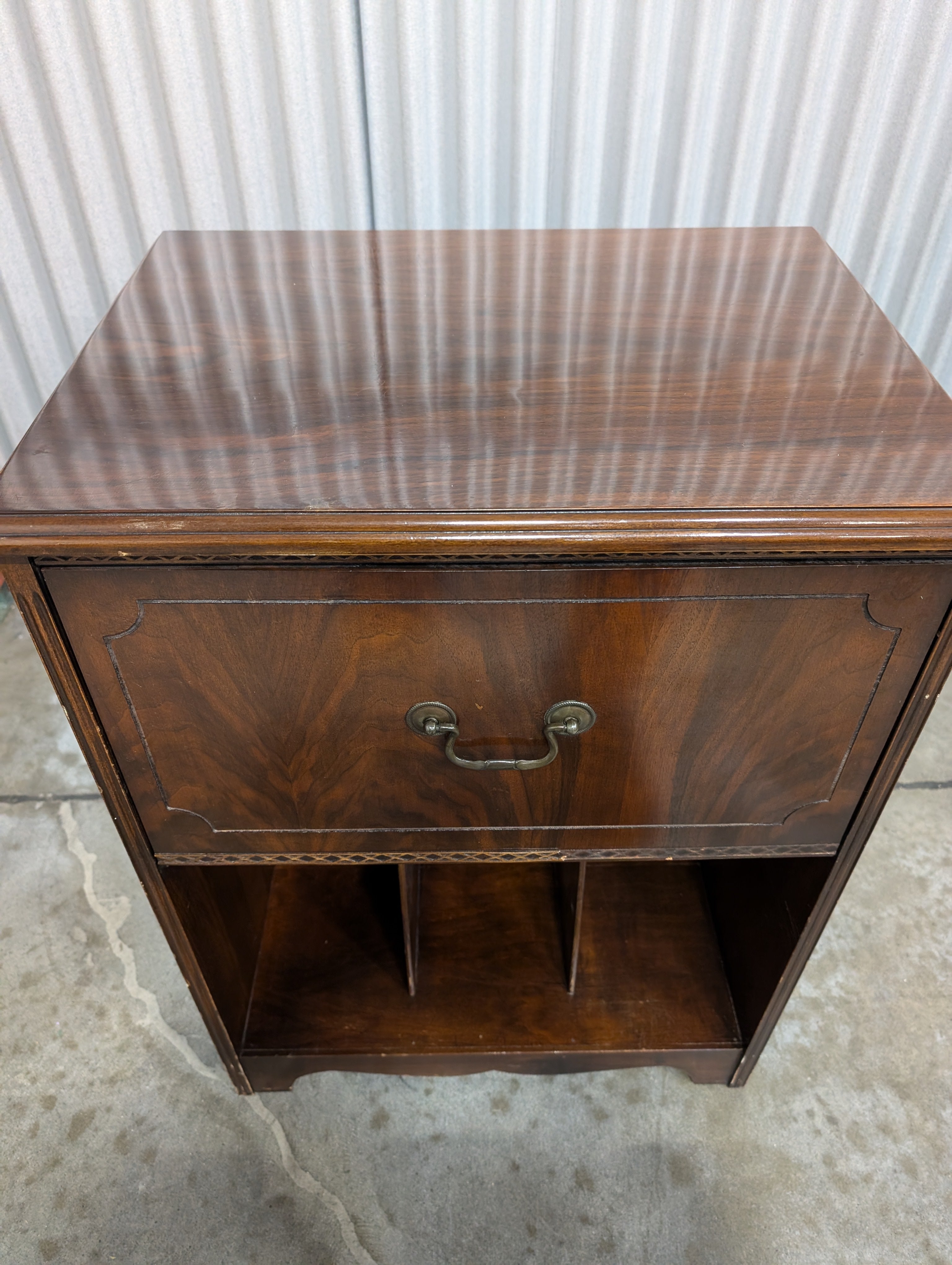 Dark Stained Wood Side Cabinet with Drawer and Open Shelves
