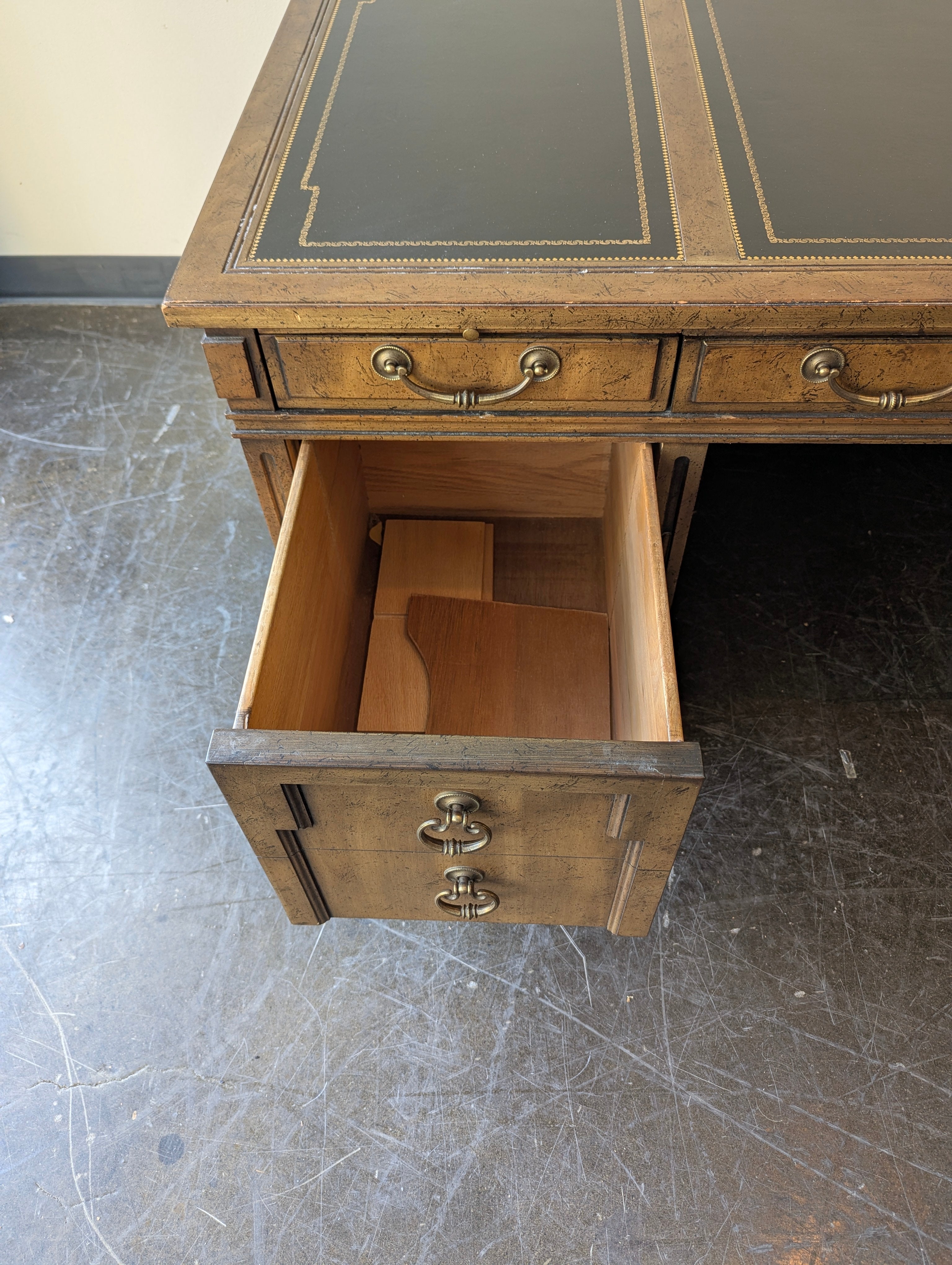 Vintage Style Pedestal Desk with Tooled Leather Top