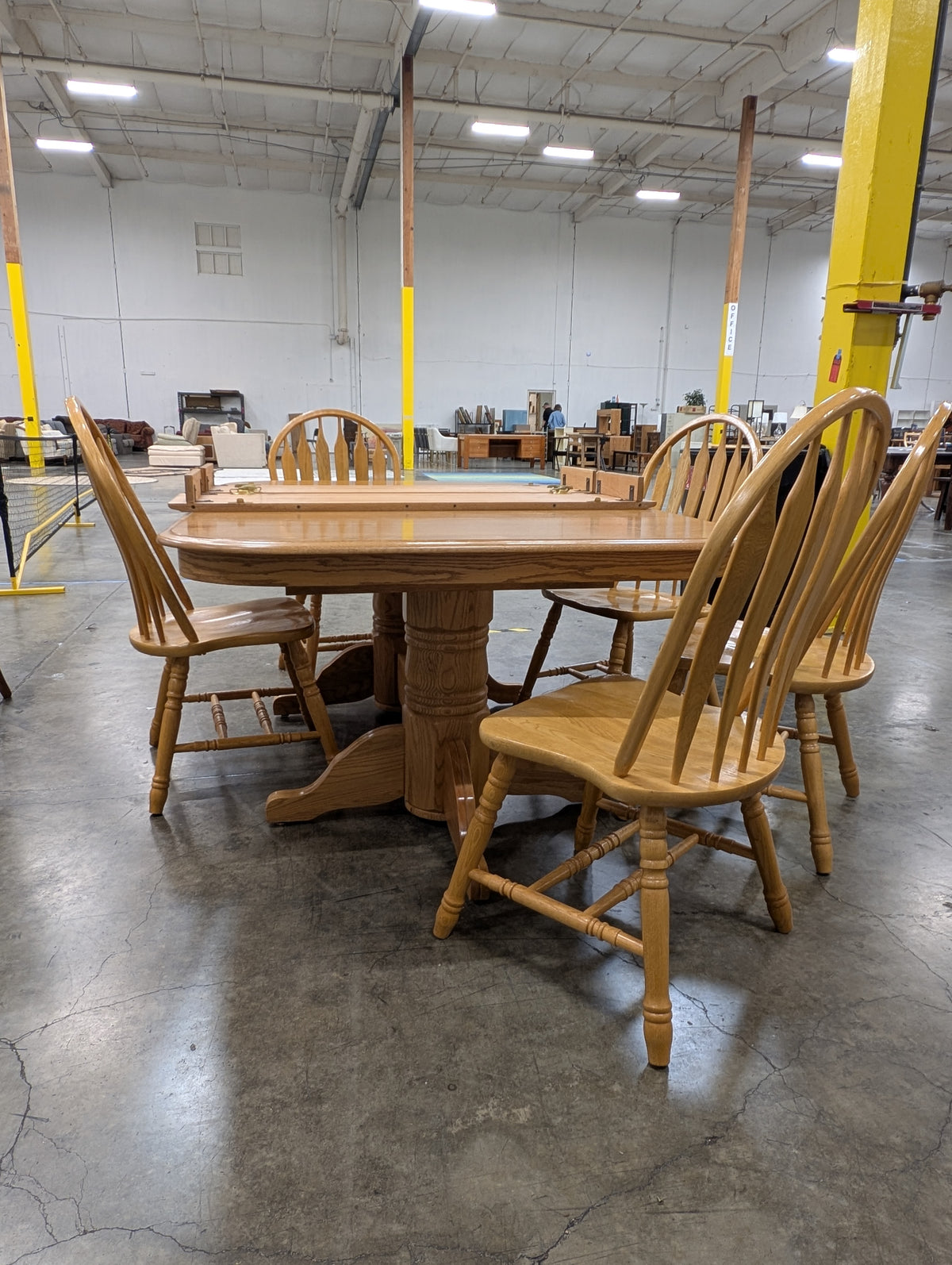 A-America Solid Oak Trestle Dining Table with Leaf and 5 Arrow-Back Windsor Chairs, 6-Piece Set, Assembled in USA