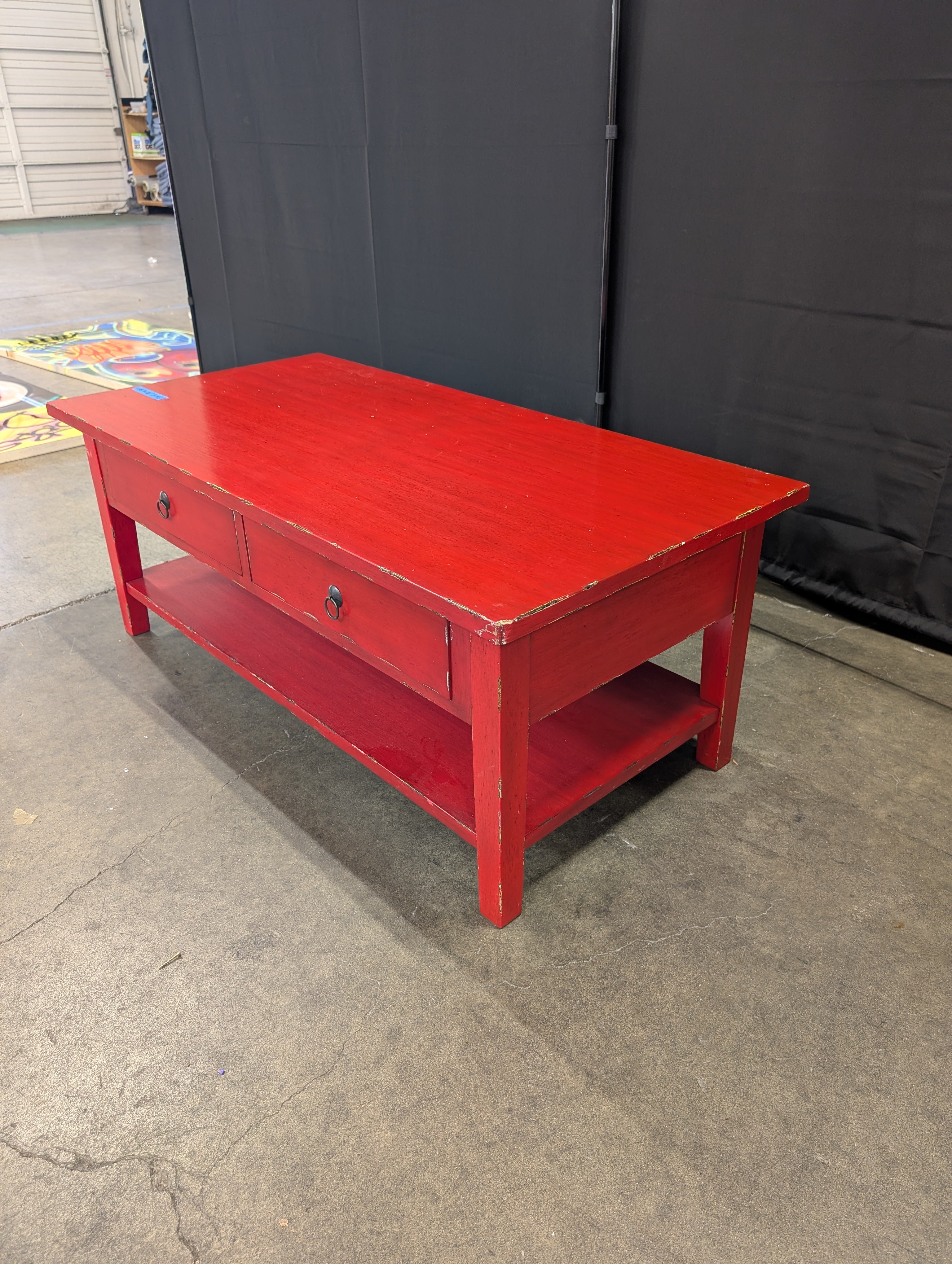 Red Wood Storage Coffee Table with Two Drawers