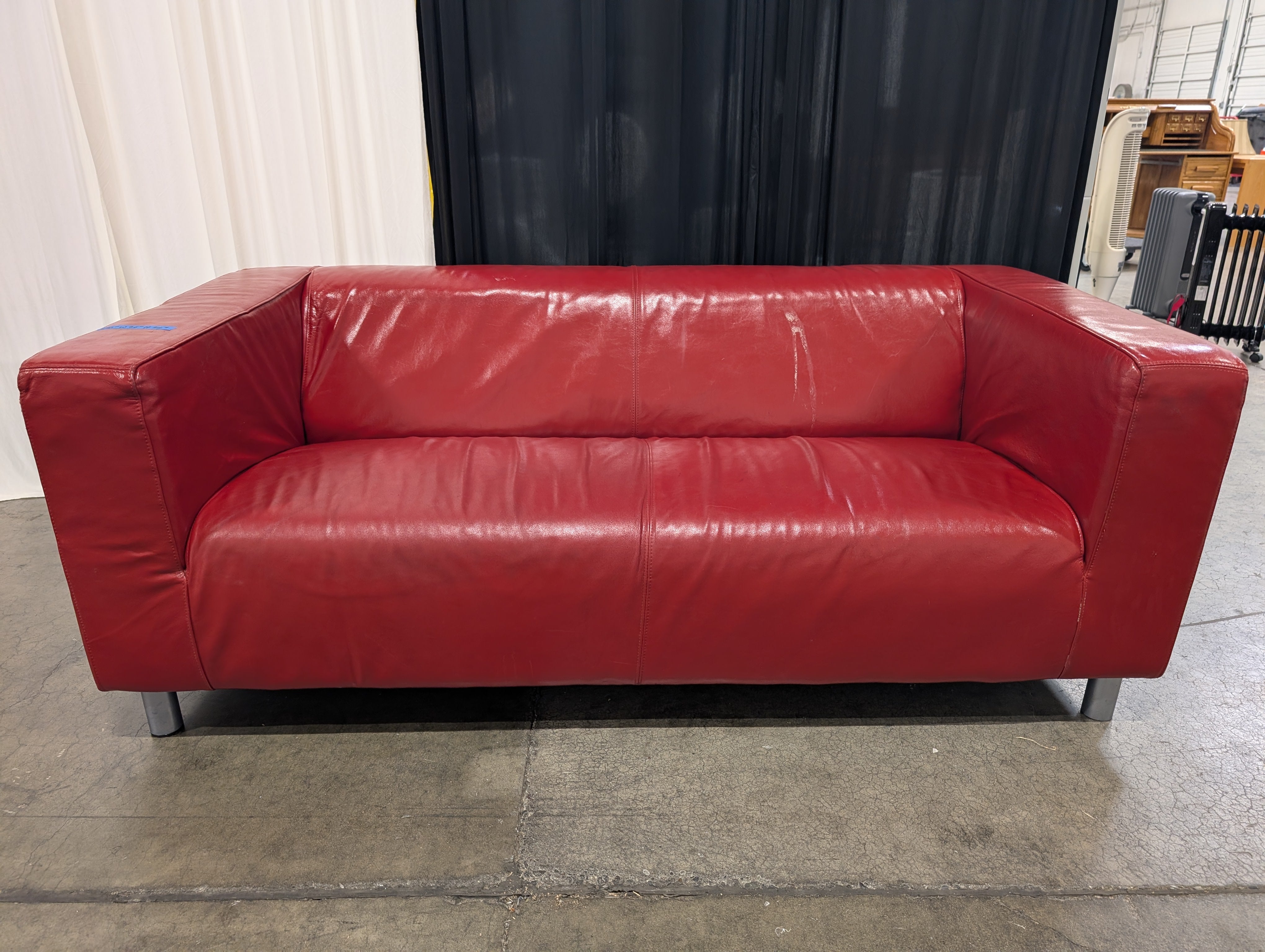 Red Leather Boxy Style Couch