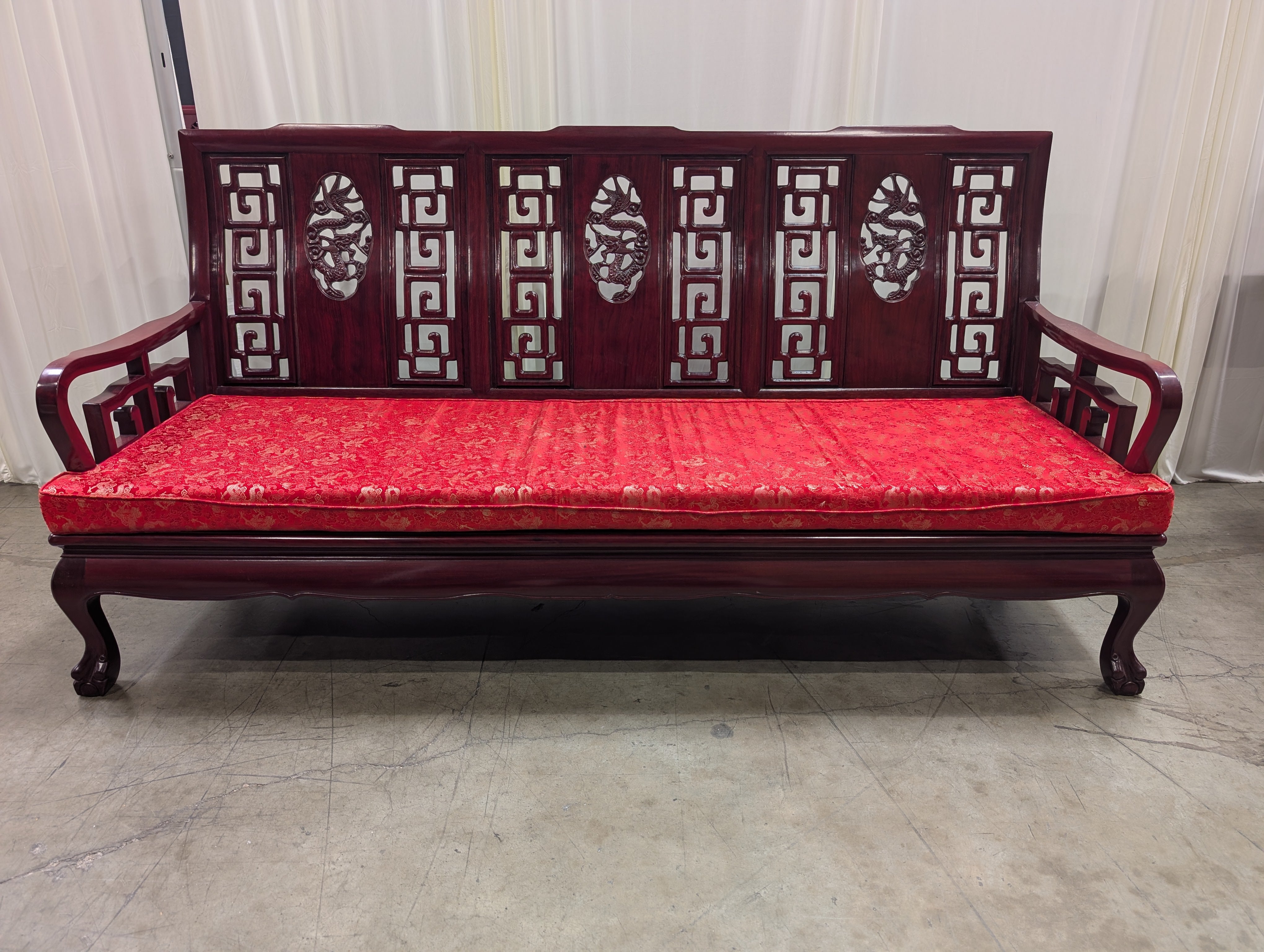 Dark Wood Asian Style Couch with Red Cushion