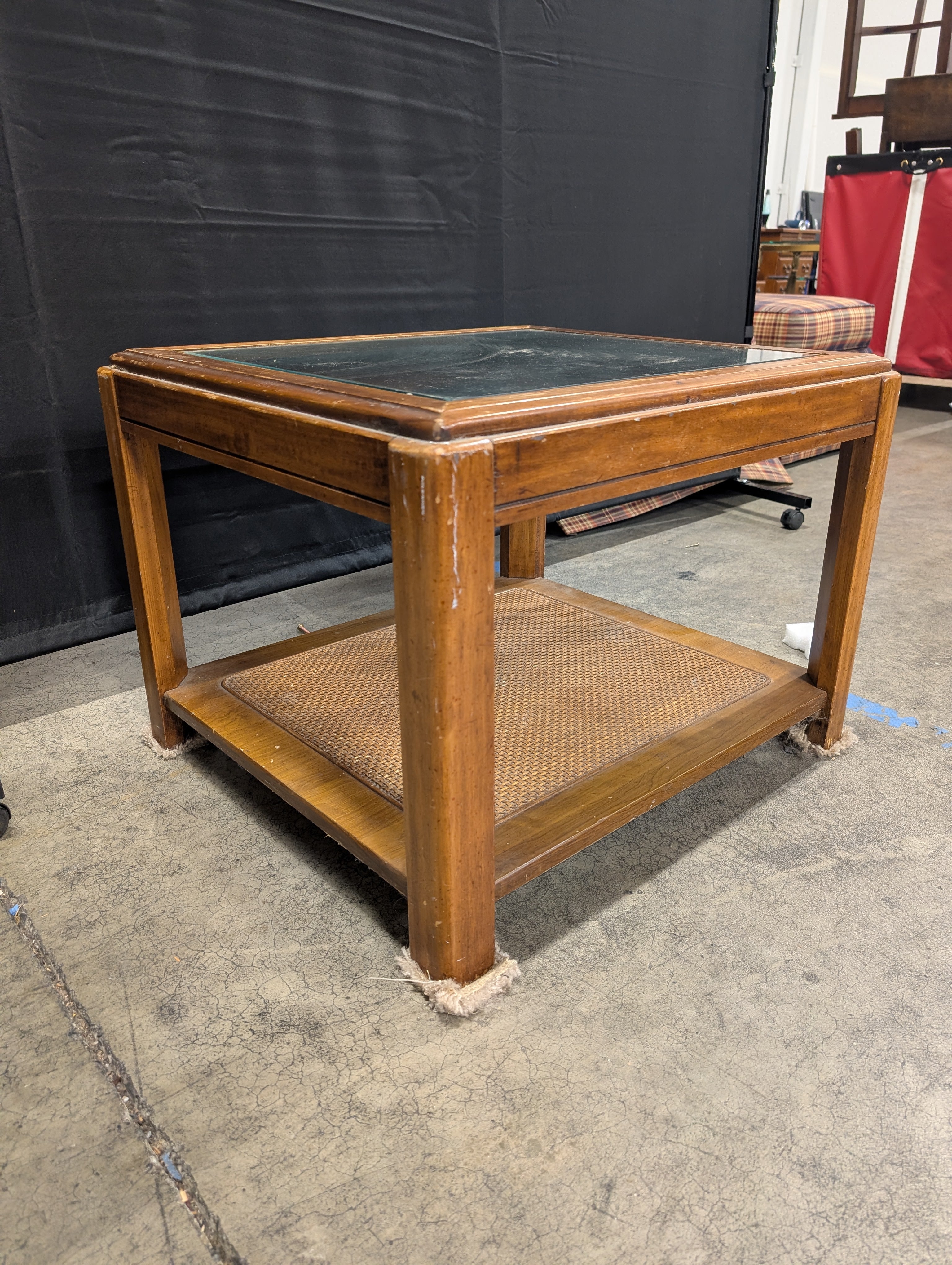 Brown Wood and Glass End Table with Wicker Shelf