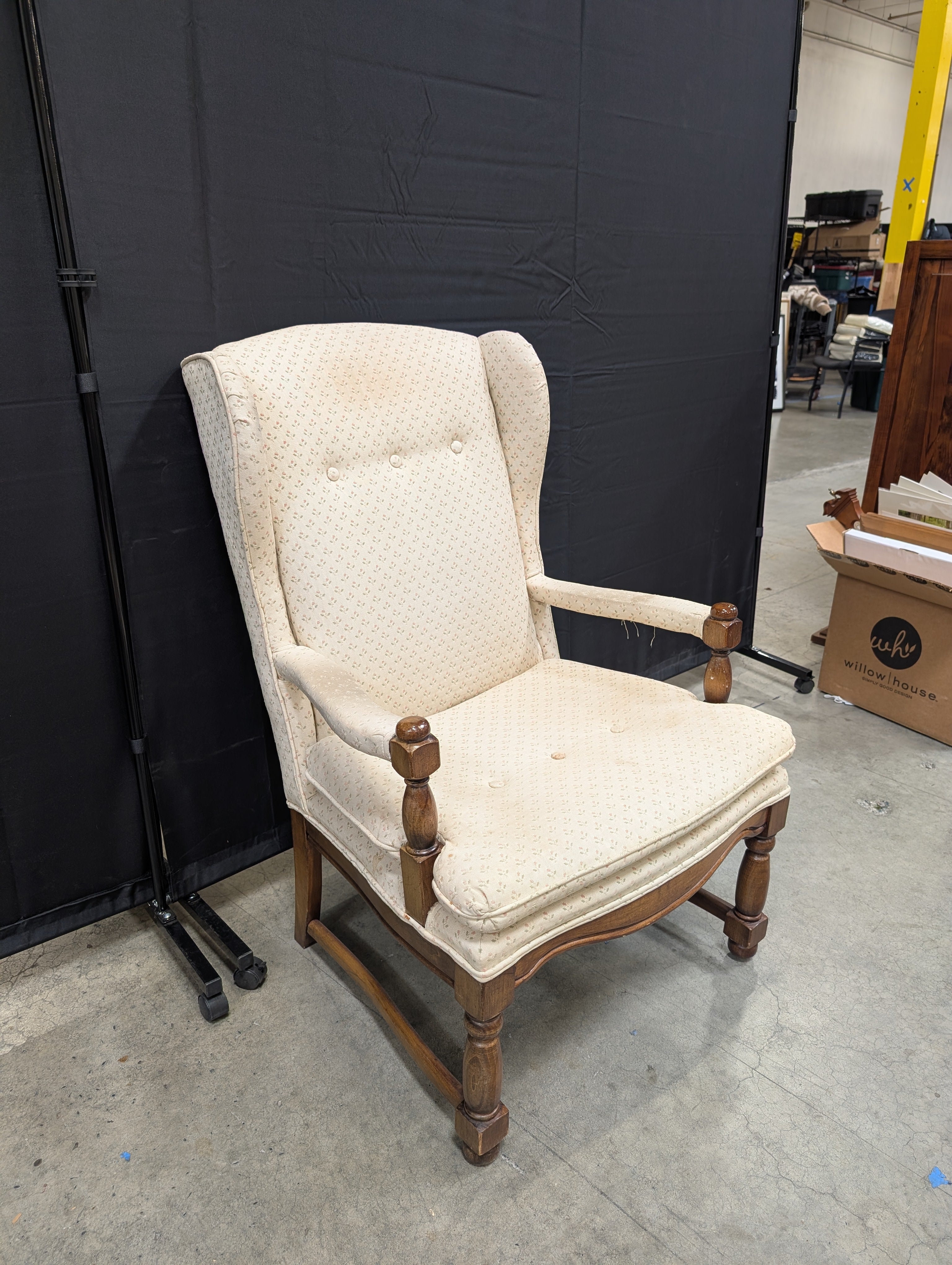 Patterned Beige Fabric Wingback Chair