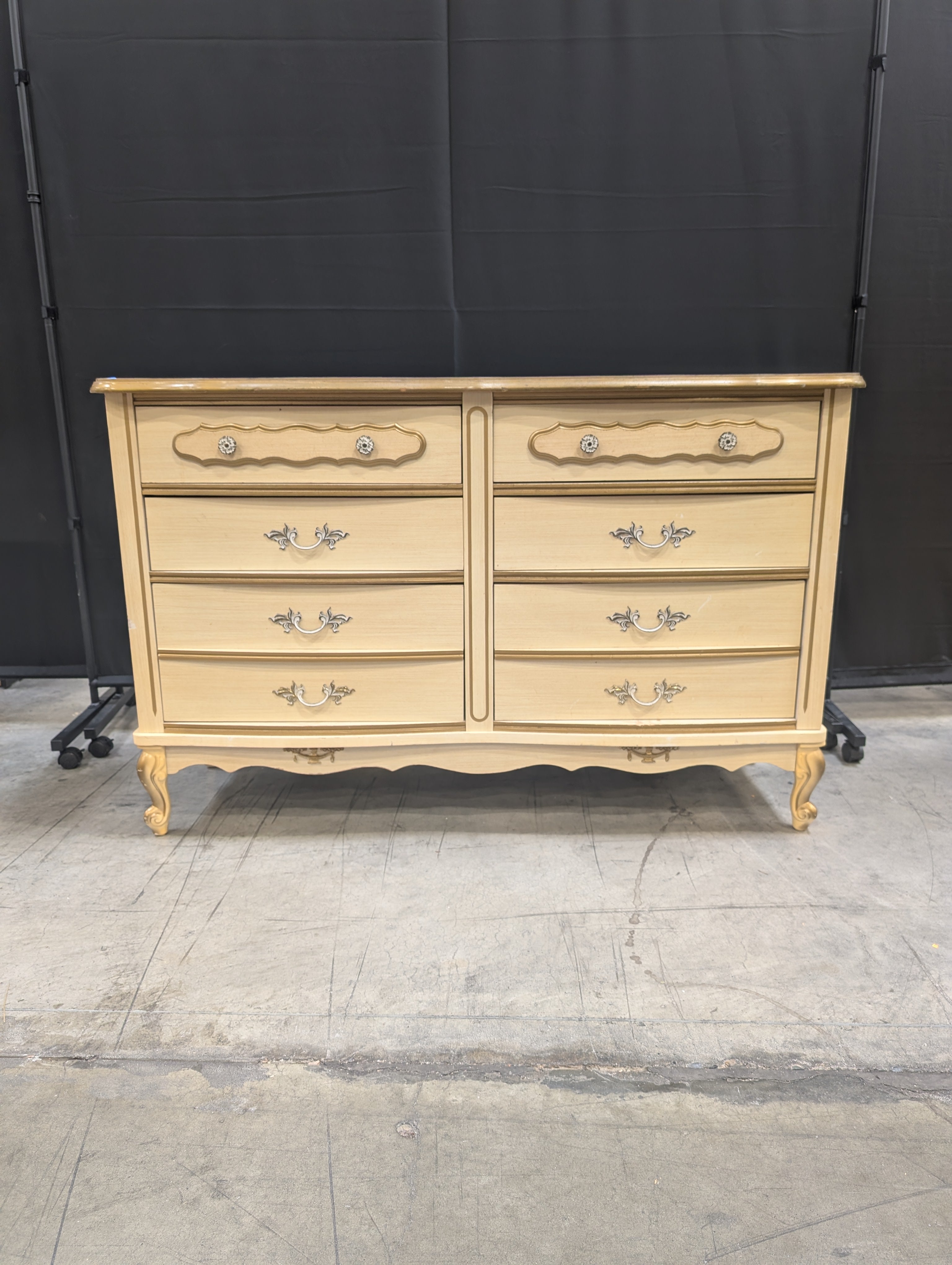 Vintage Cream French Provincial Style Dresser with Gold Accents