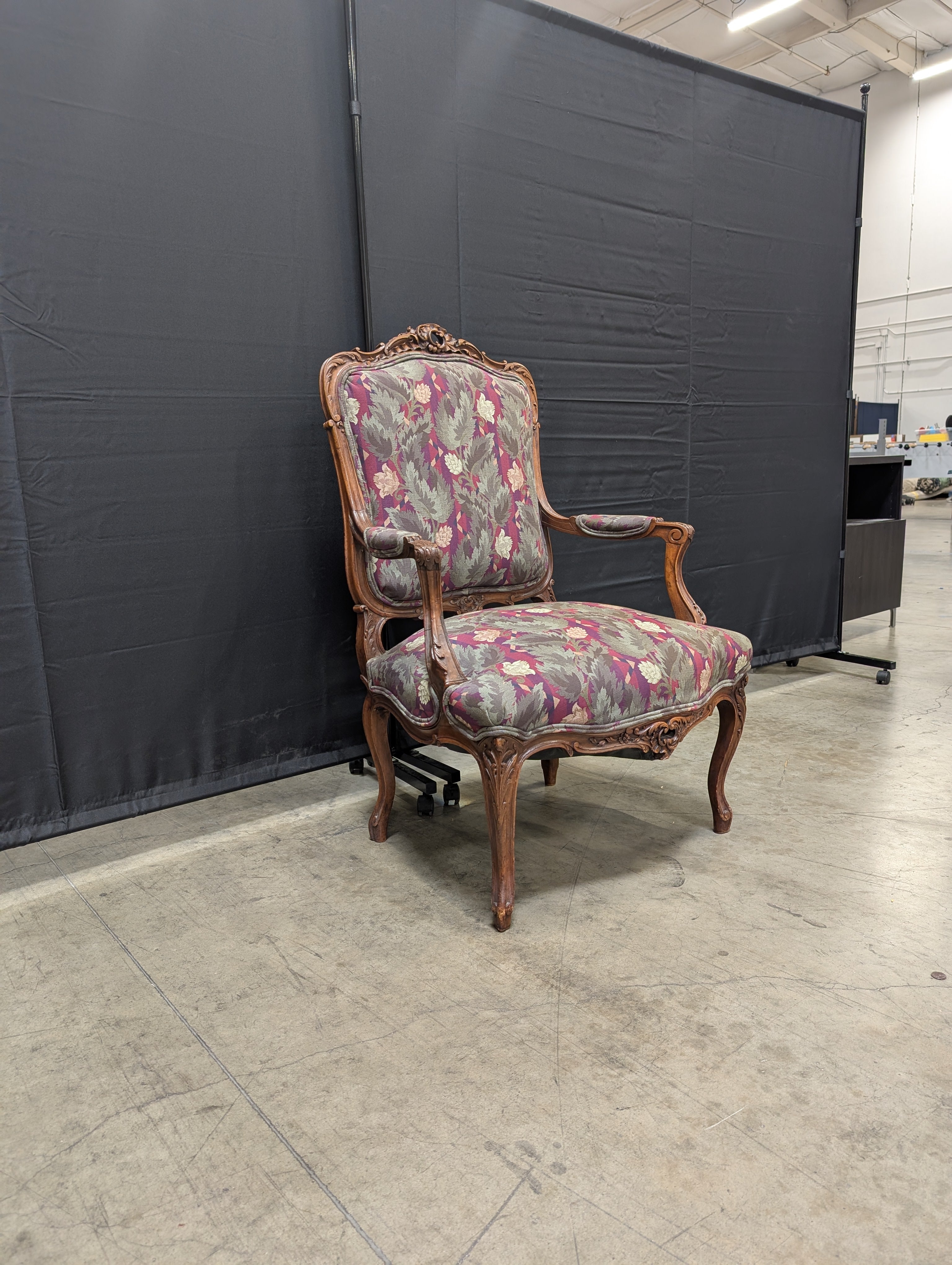 Vintage Carved Wood Armchair with Botanical Upholstery