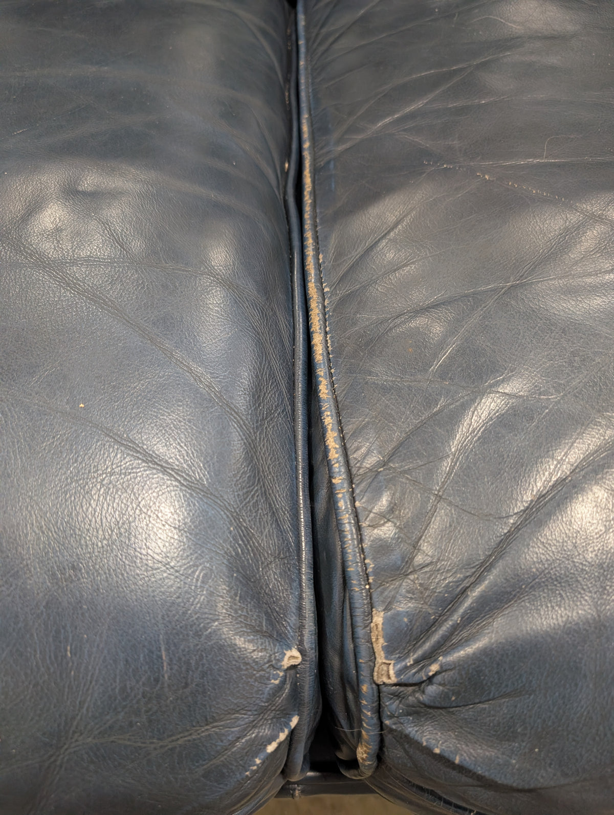 Drexel Dark Blue Leather Three-Cushion Couch with Nailhead Trim