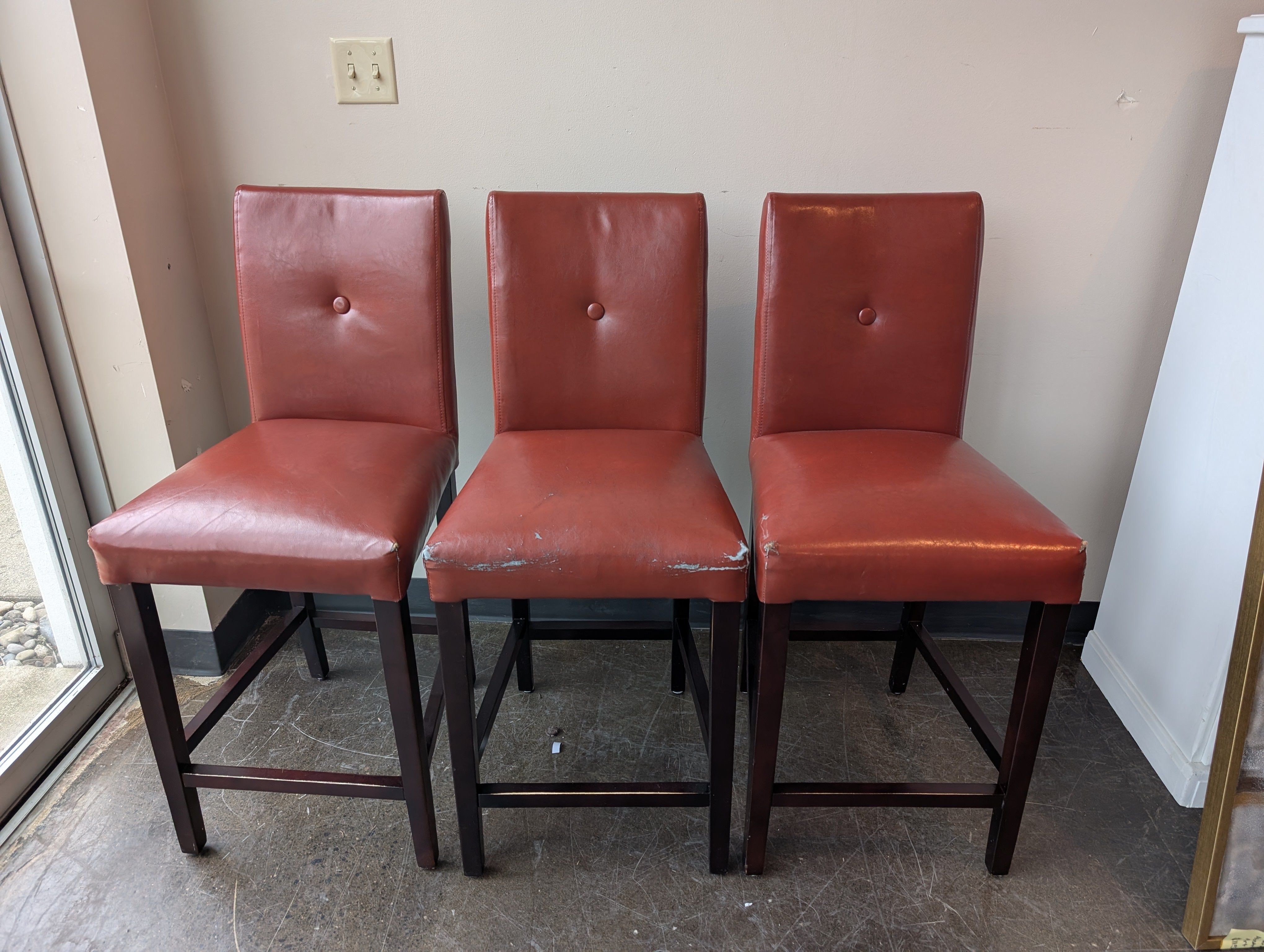 Set of Three- Burgundy Faux Leather Counter Stool with Dark Wood Frame