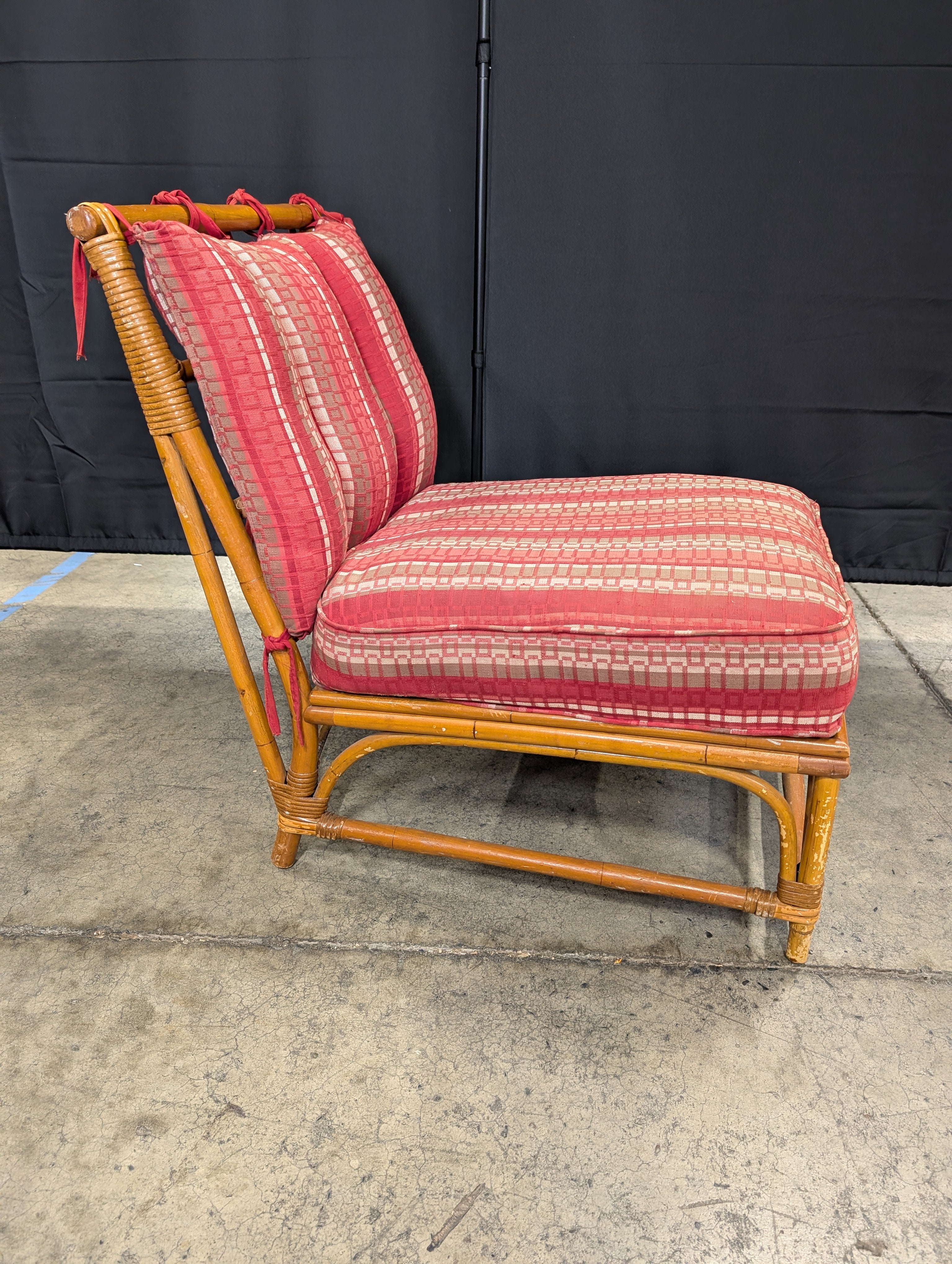 Vintage Bamboo Rattan Lounge Chair with Patterned Cushion