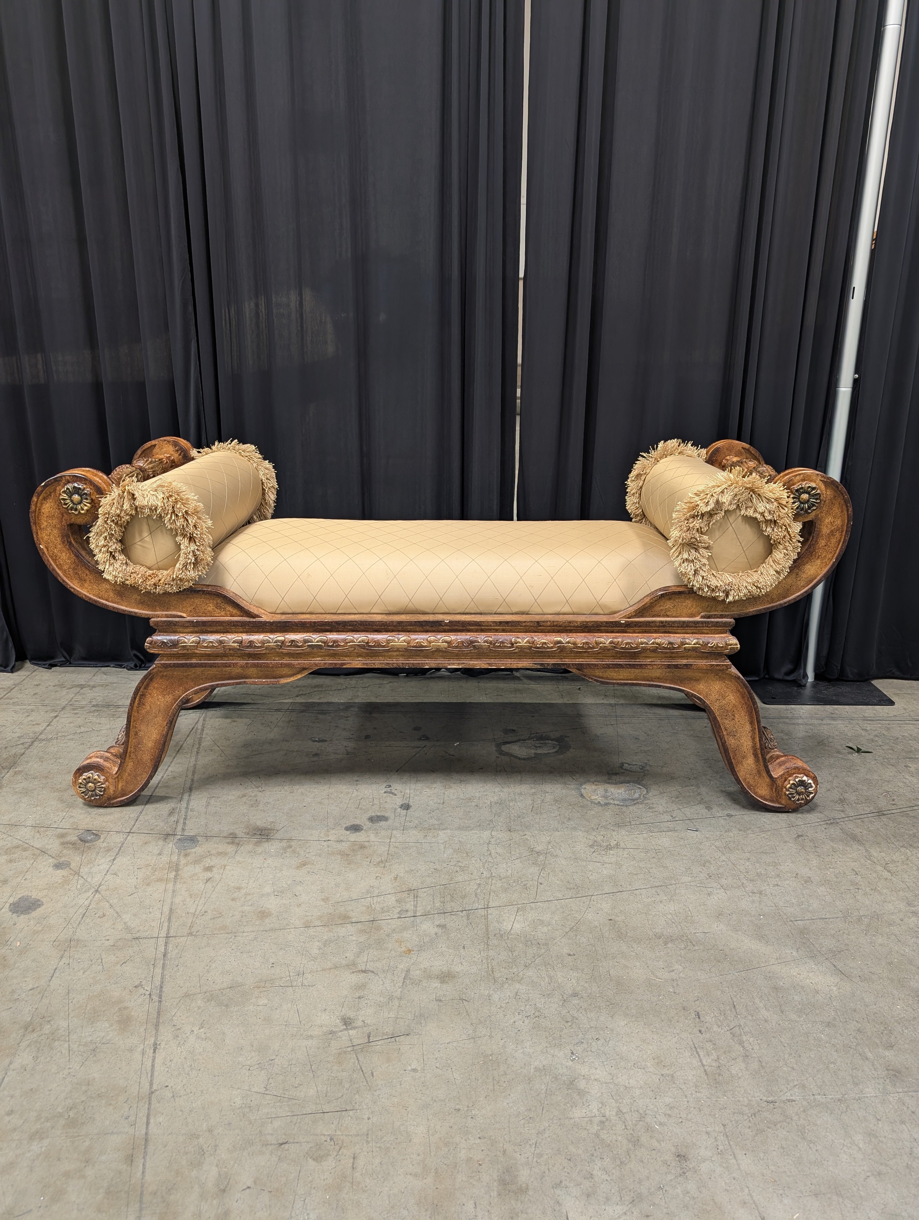 Ornate Carved Wood Chaise Lounge with Fringe Trim