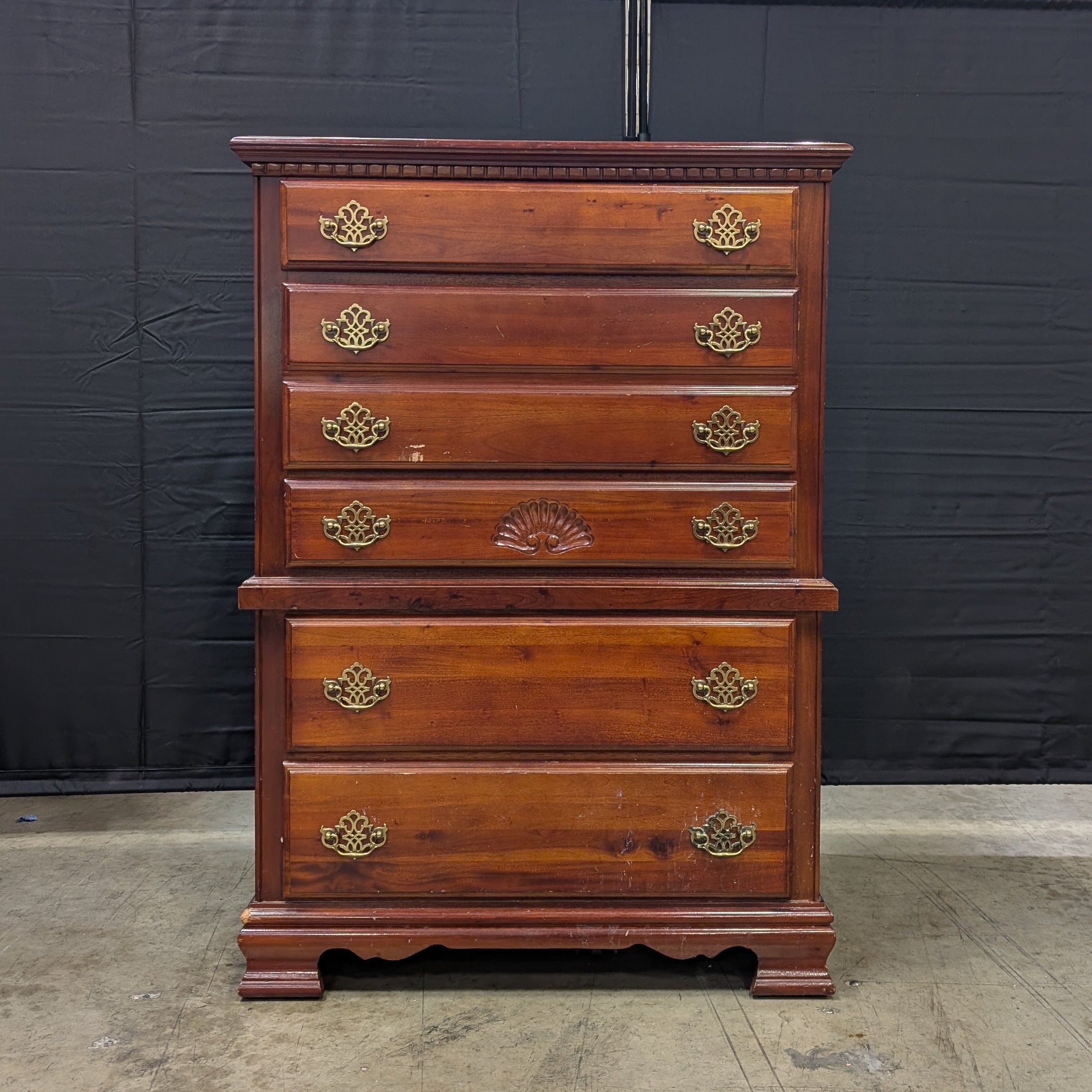 Classic Cherry Finish Tall Chest of Drawers with Brass Hardware