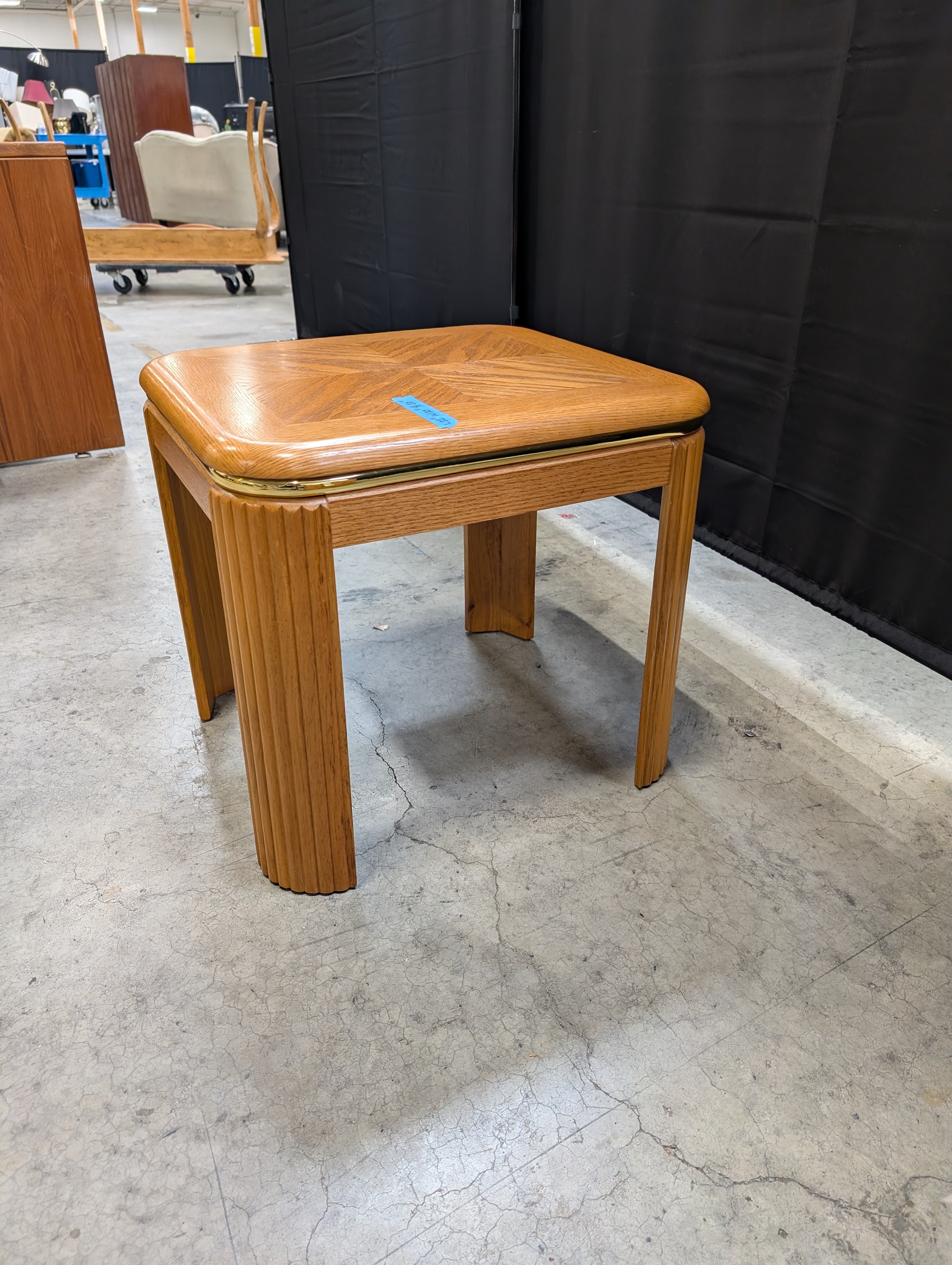 Vintage Light Wood Parquet Top End Table with Fluted Legs