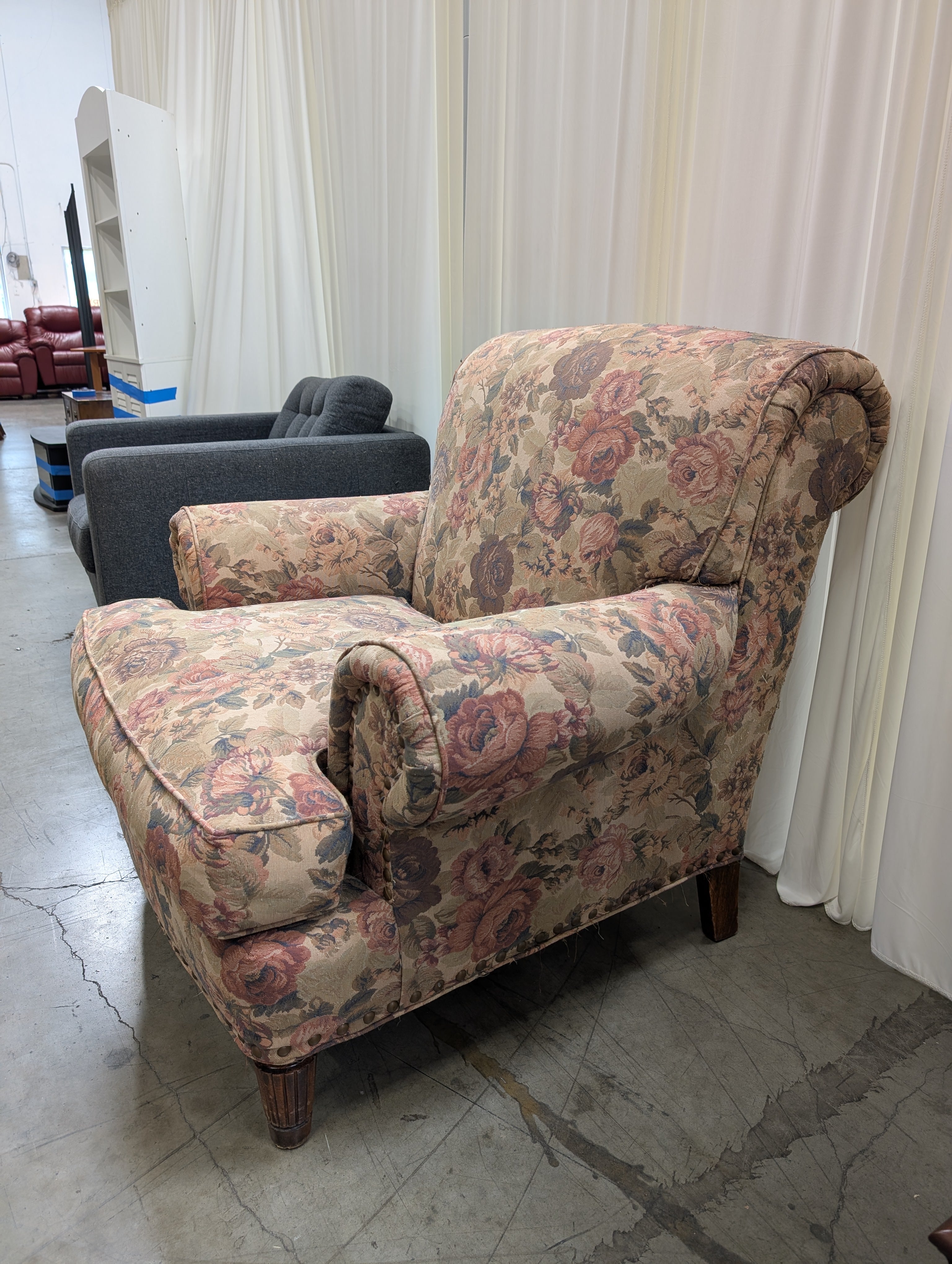 Traditional Floral Upholstered Armchair with Rolled Arms