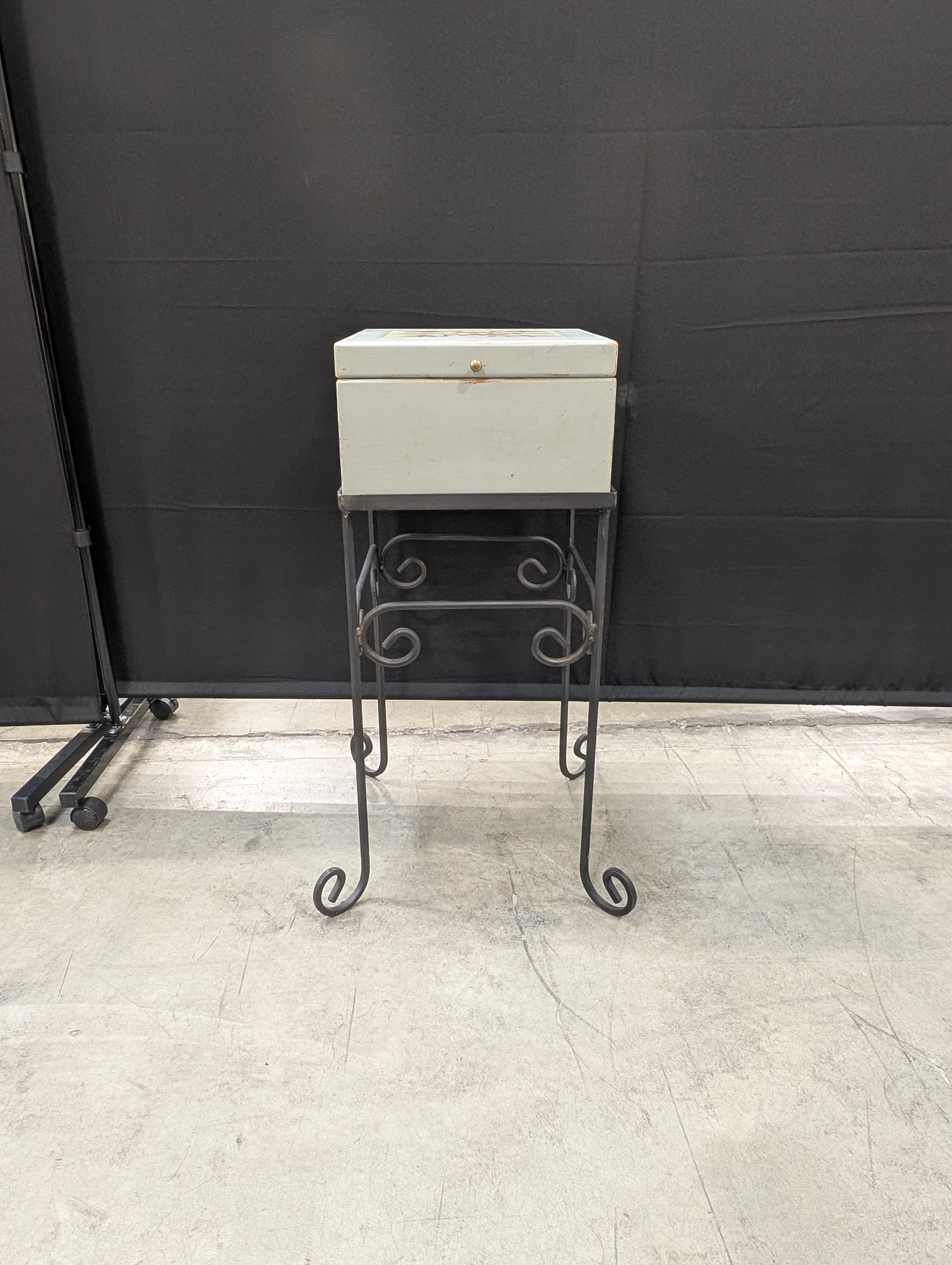 Decorative Wooden Box with Fish Motif on Wrought Iron Stand