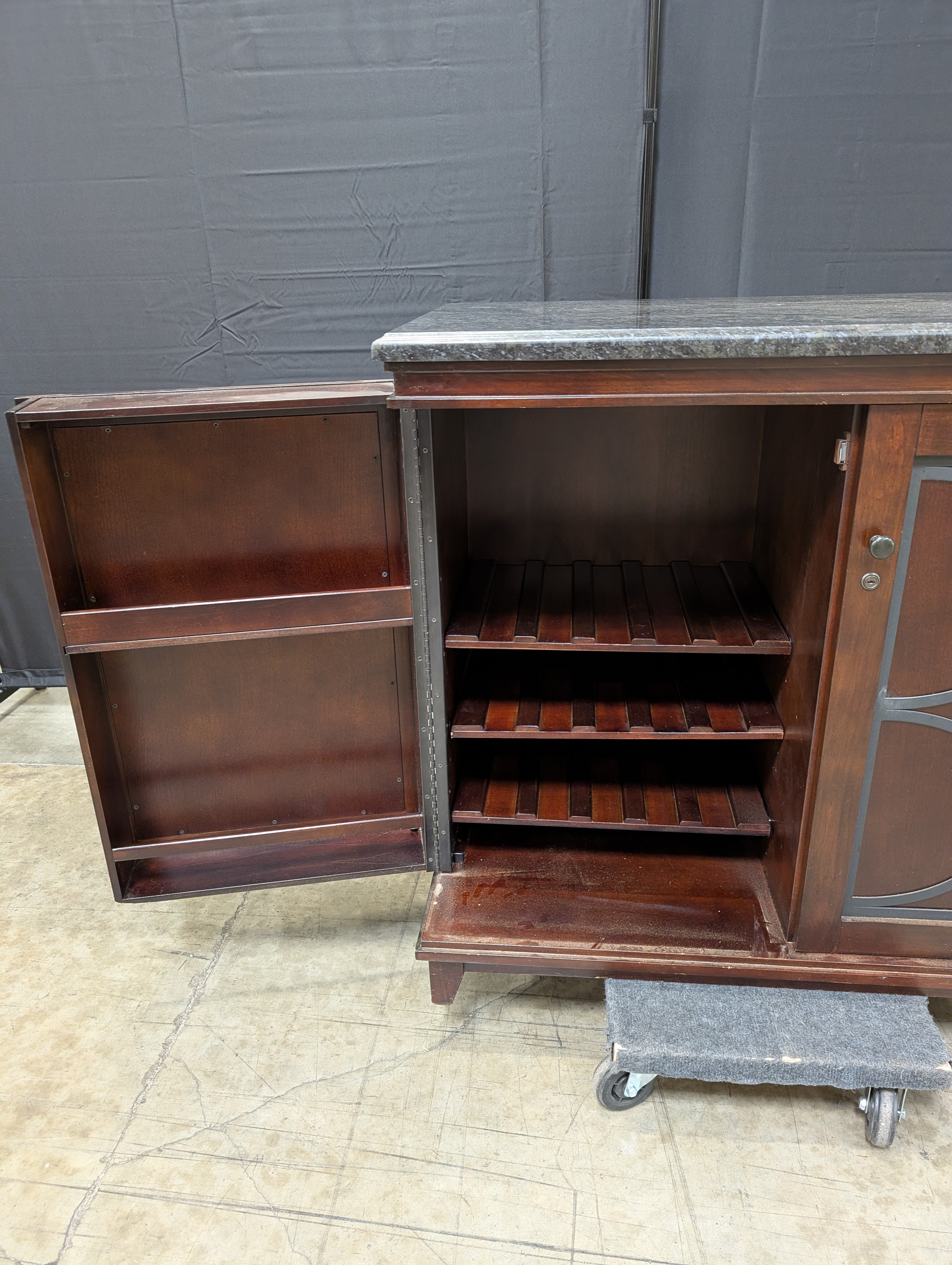 Dark Wood Wine Storage Cabinet with Granite Top and Decorative Doors