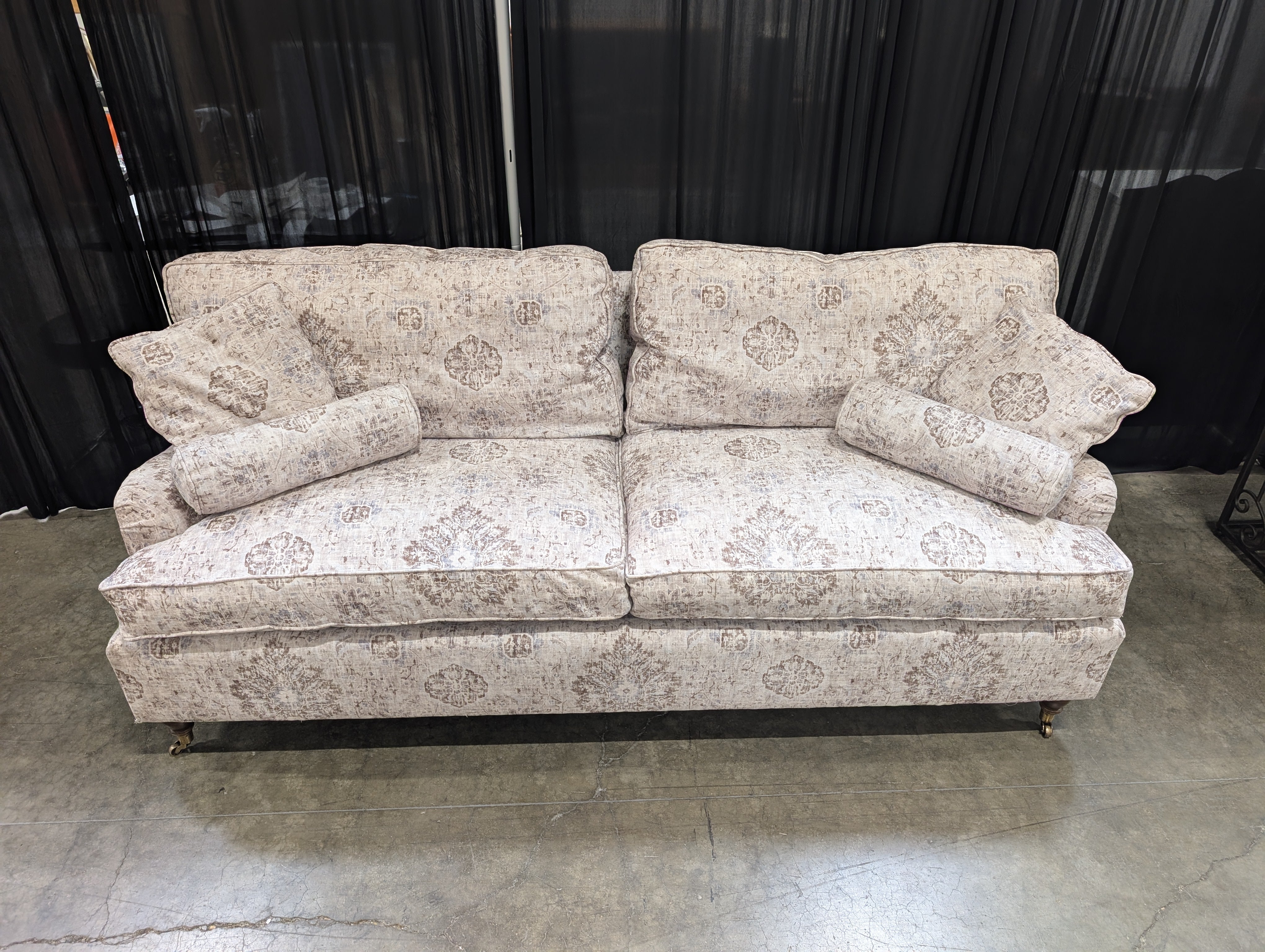 Traditional Patterned Fabric Couch with Rolled Arms