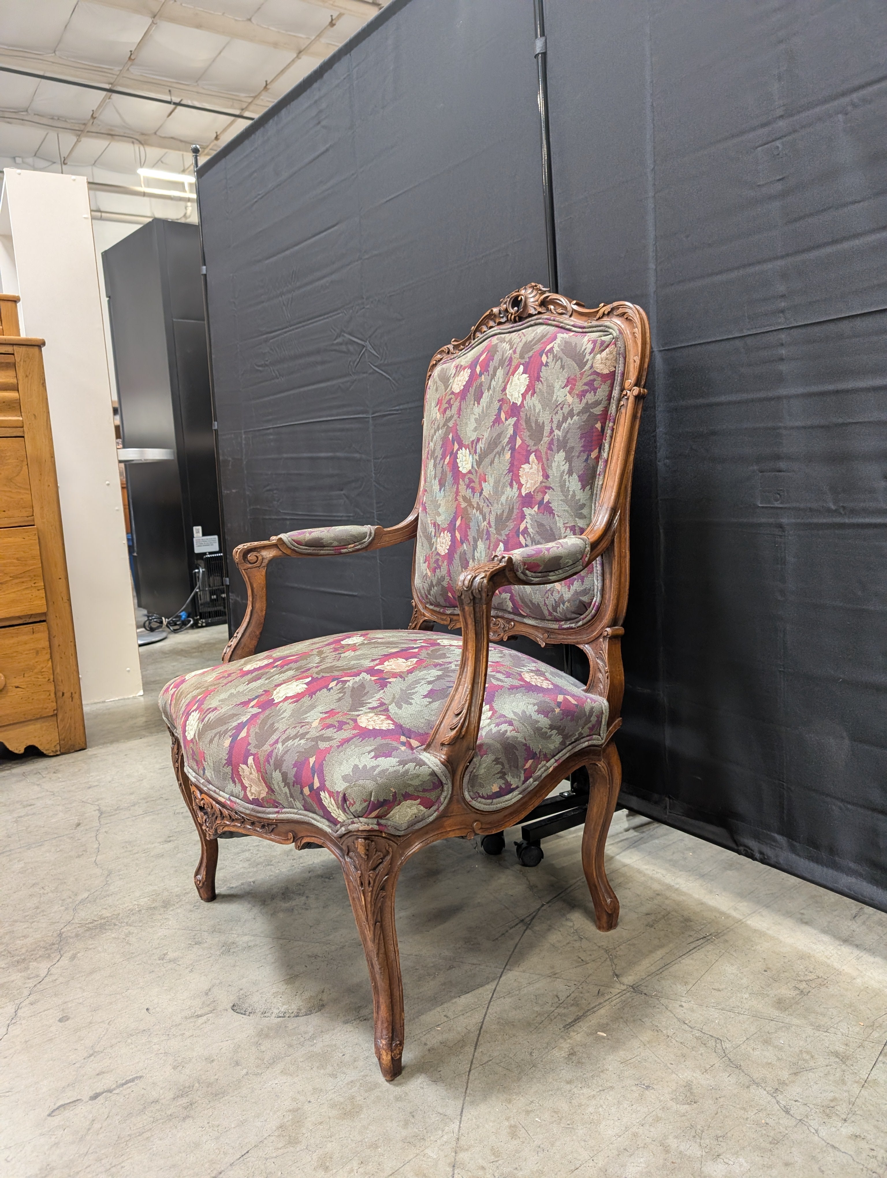 Vintage Carved Wood Armchair with Botanical Upholstery