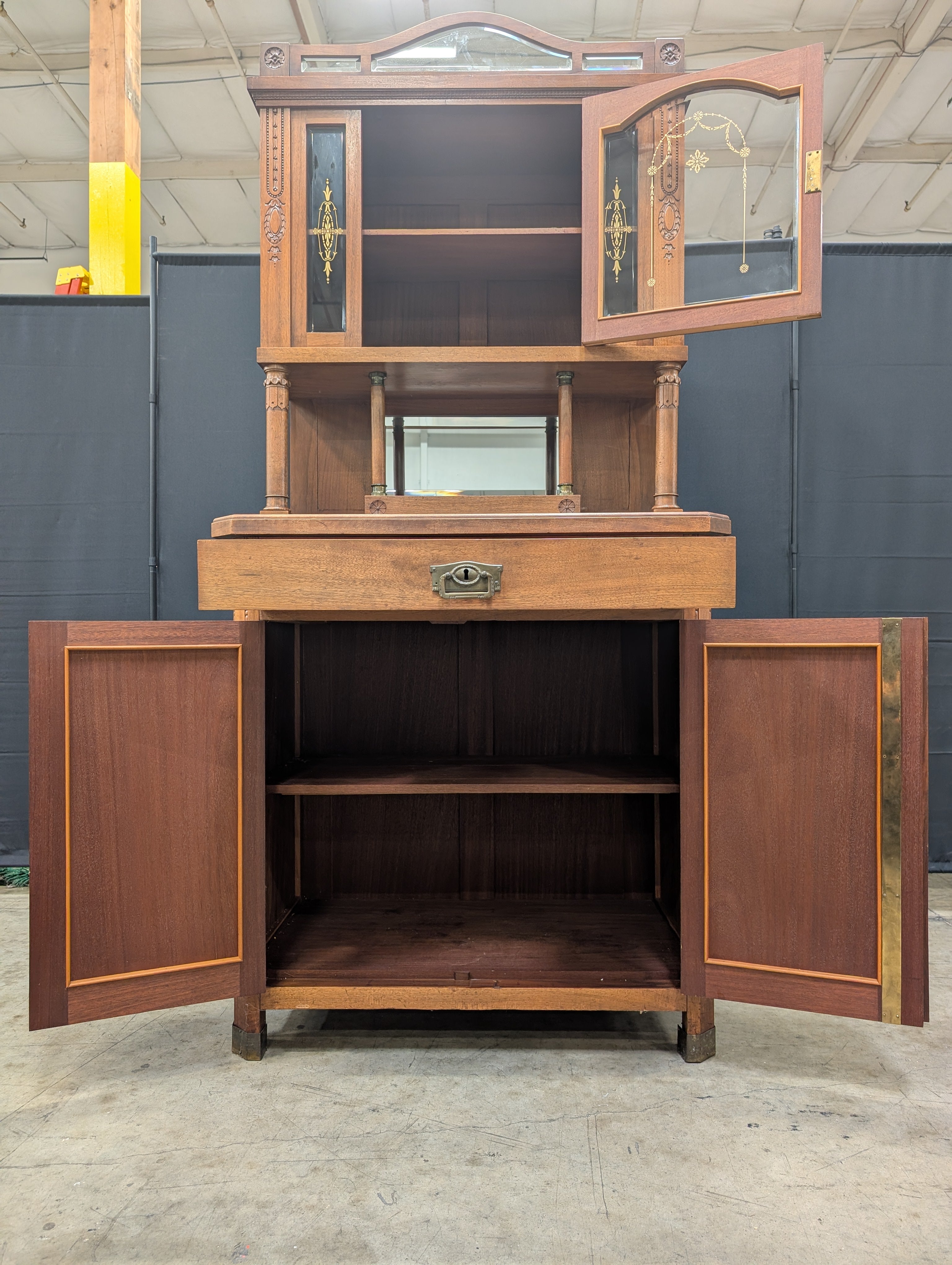 Vintage Carved Hardwood Display Cabinet with Marble Top