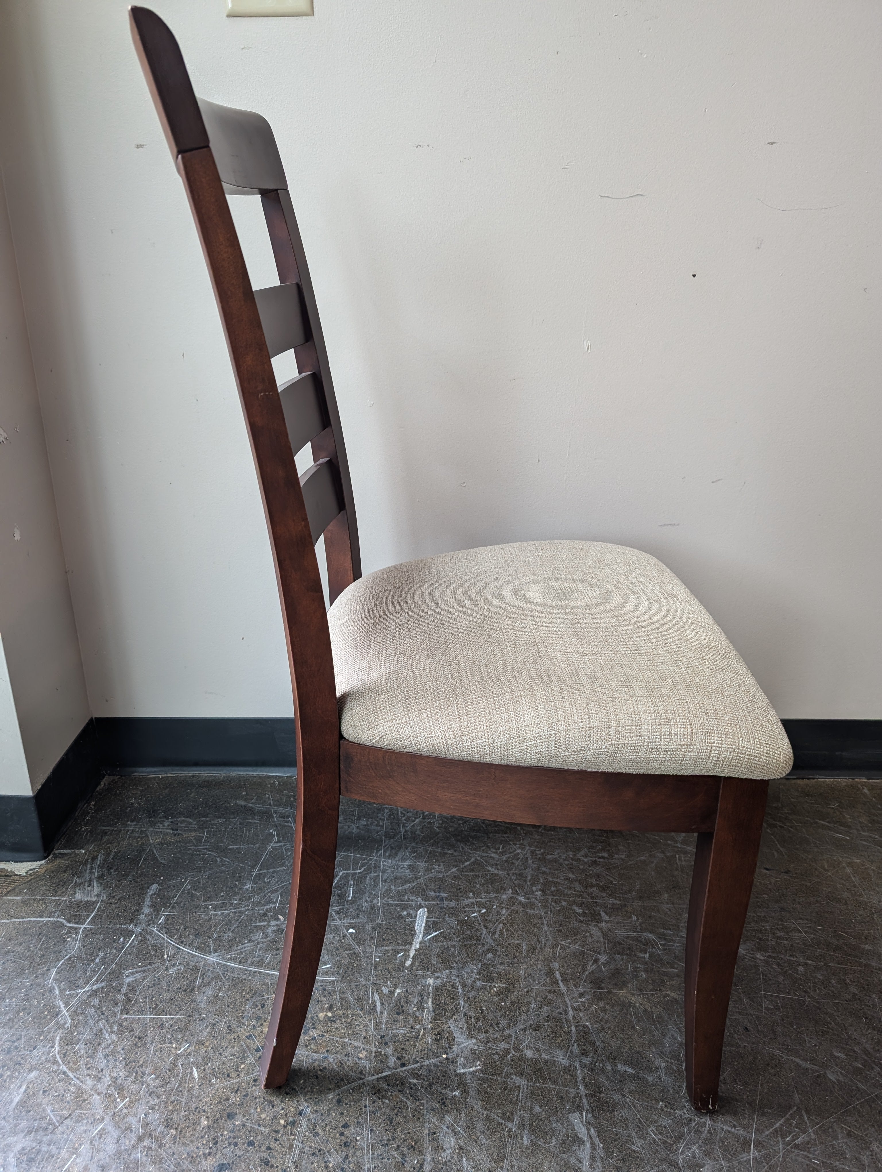 Set of Six Contemporary Dark Wood Slatted Back Dining Chair with Beige Upholstery