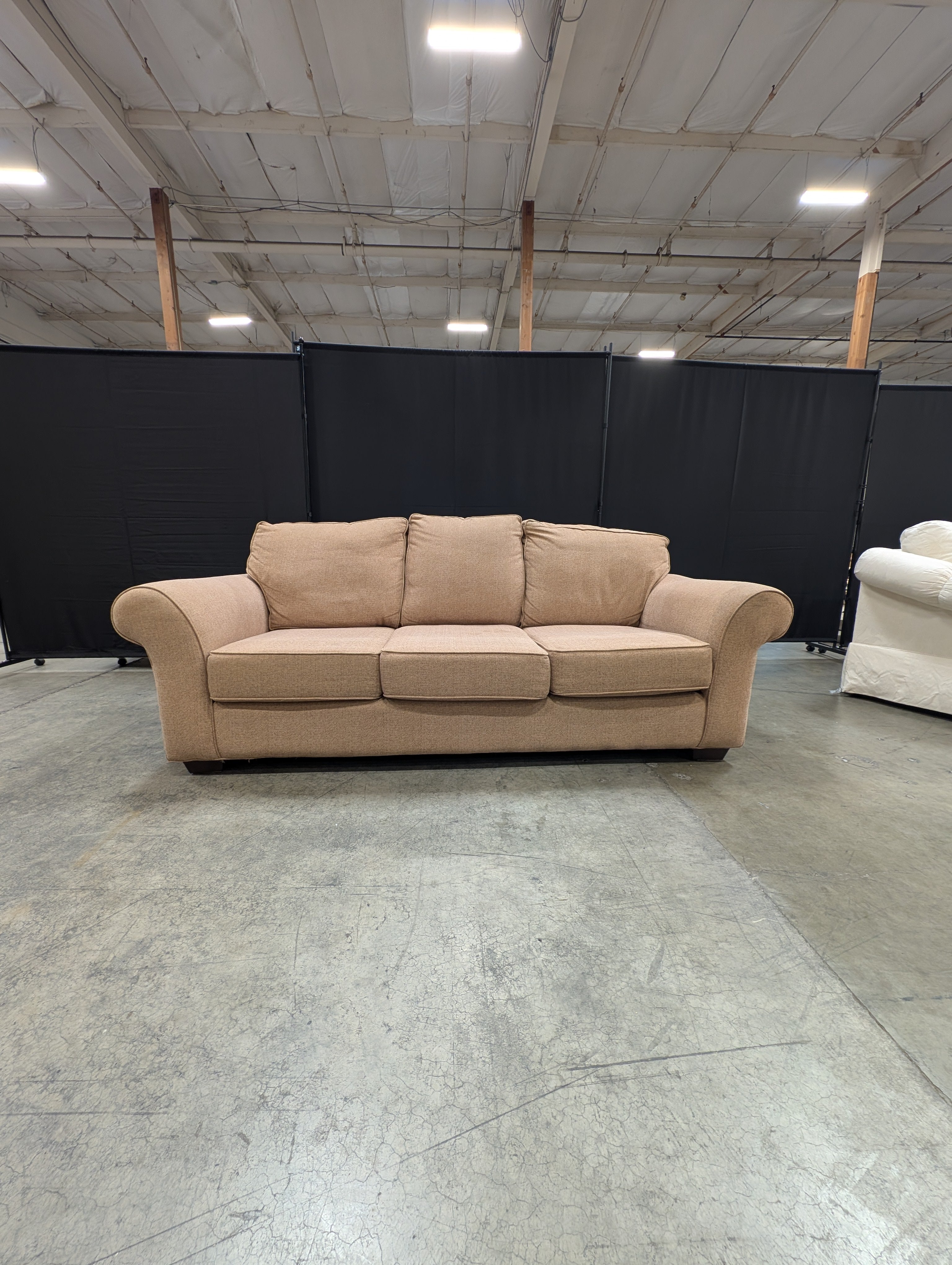 Neutral Beige Thomasville Three-Seat Sofa with Rolled Arms