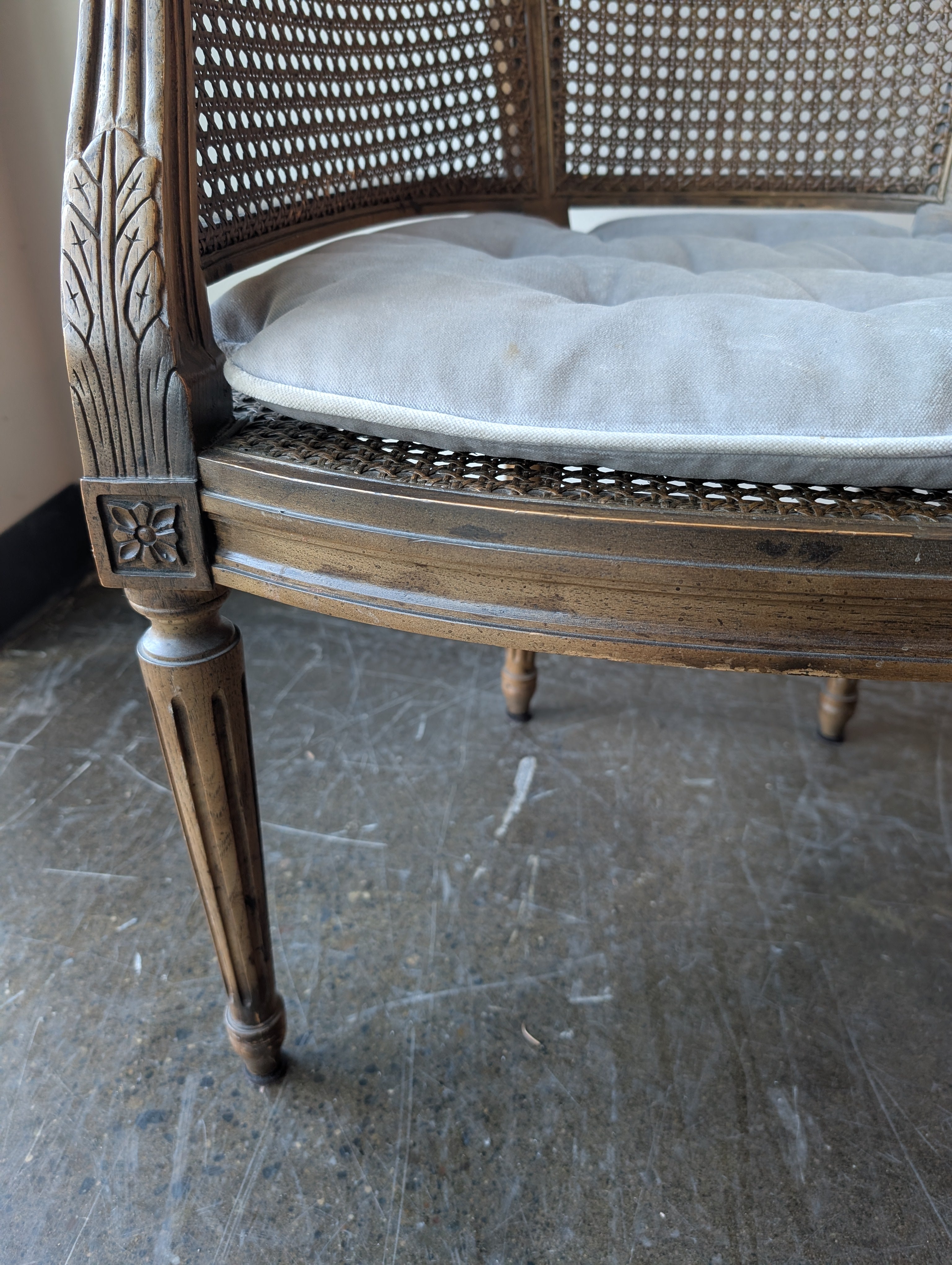Vintage Cane Barrel Back Armchair with Tufted Cushion