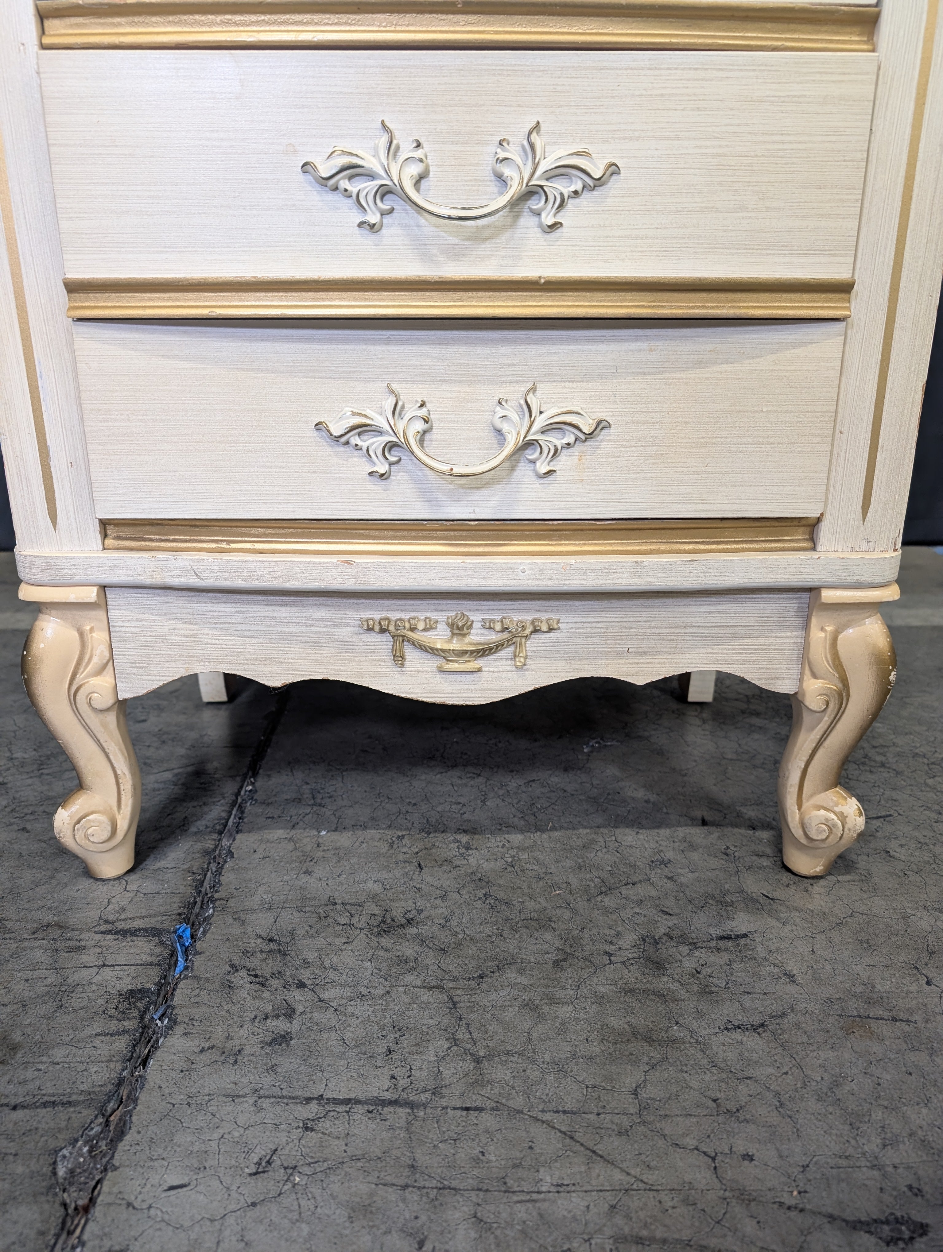 Vintage French Provincial Tall Chest of Drawers, Cream and Gilt Accents
