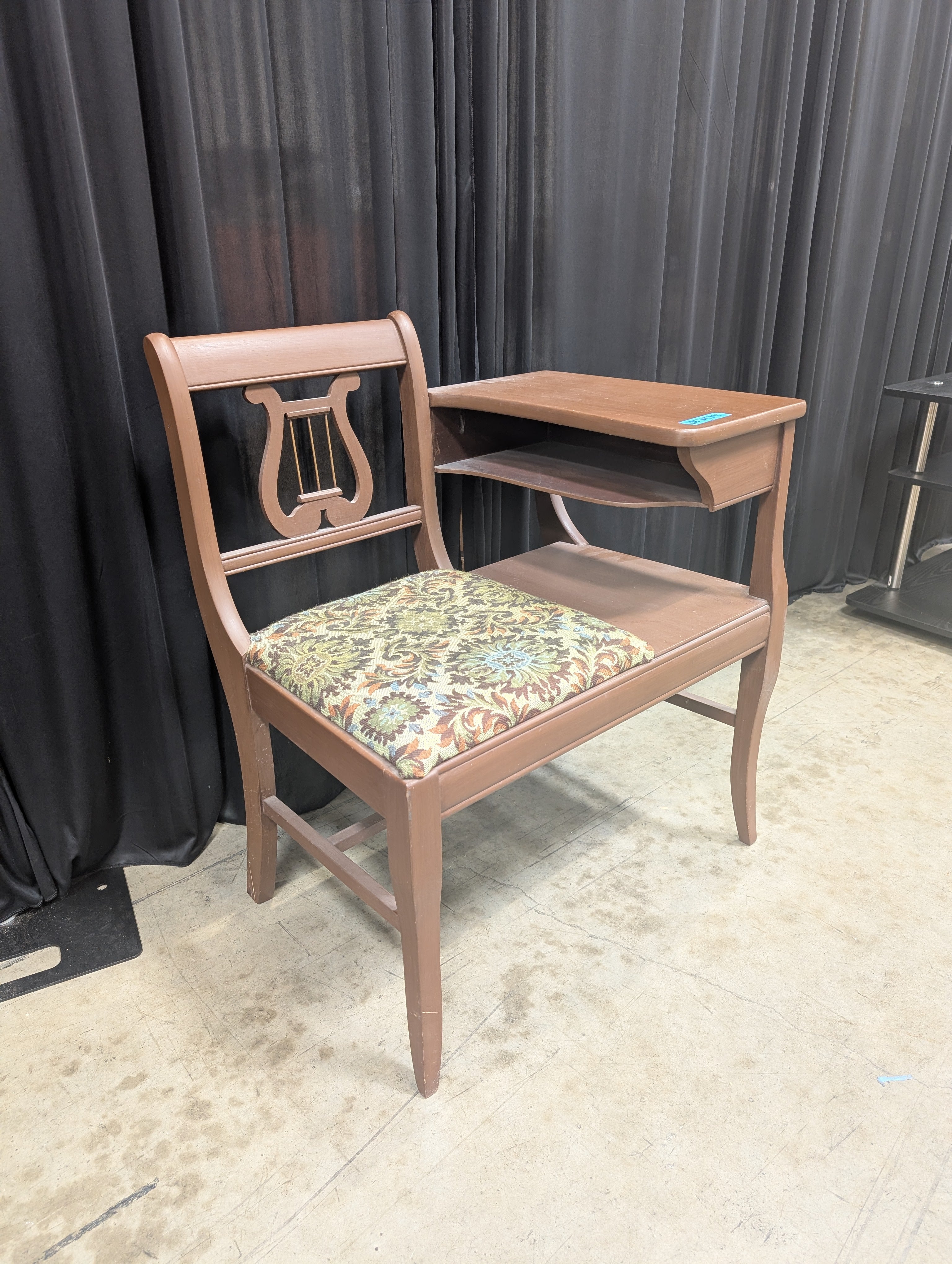 Brown Wood Lyre-Back Telephone Bench with Upholstered Seat