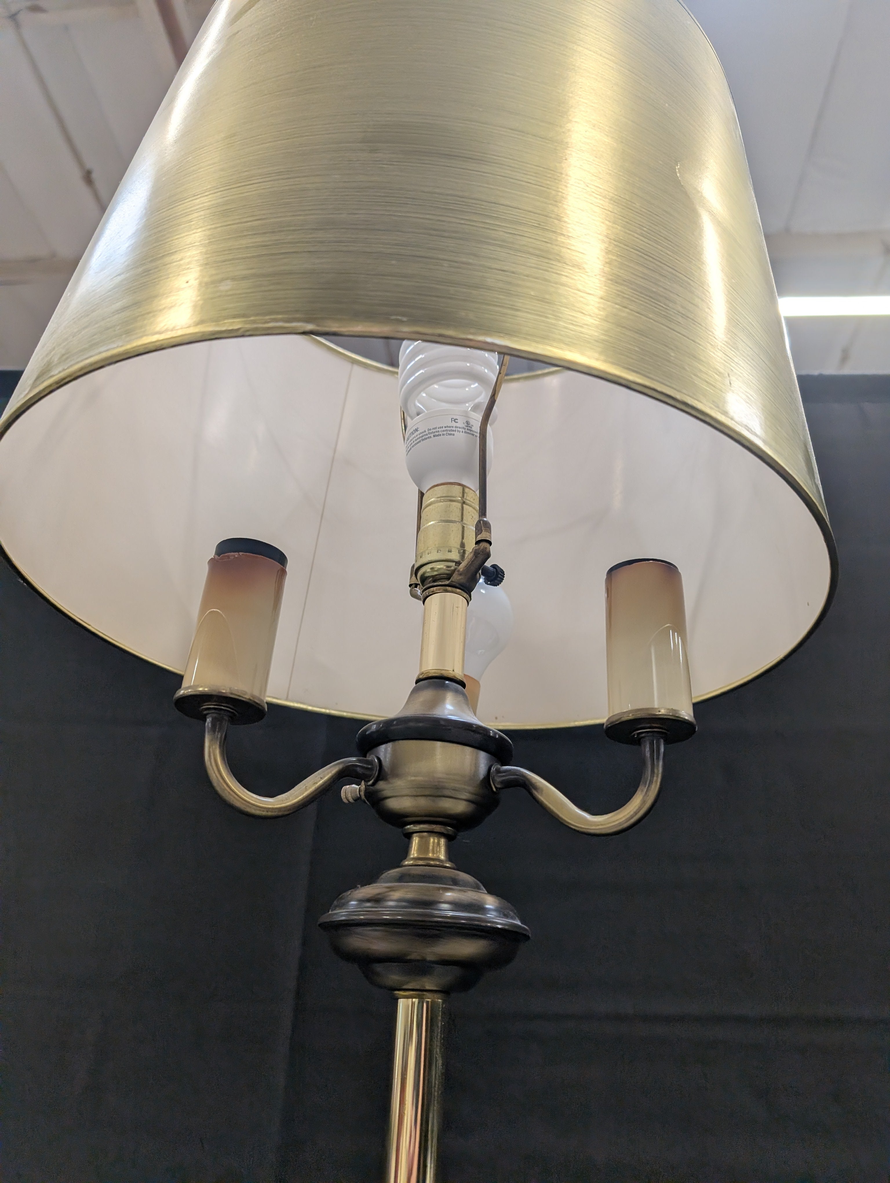 Vintage Style Brass Tone Floor Lamp with Turned Wood Accent